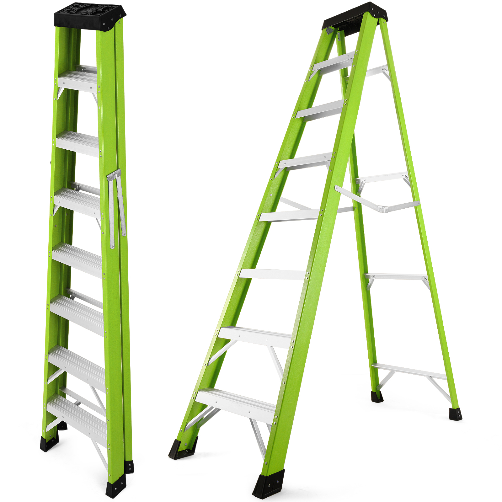 Escalera de fibra de vidrio de 7 peldaños, 330 libras, bandeja de herramientas, verde