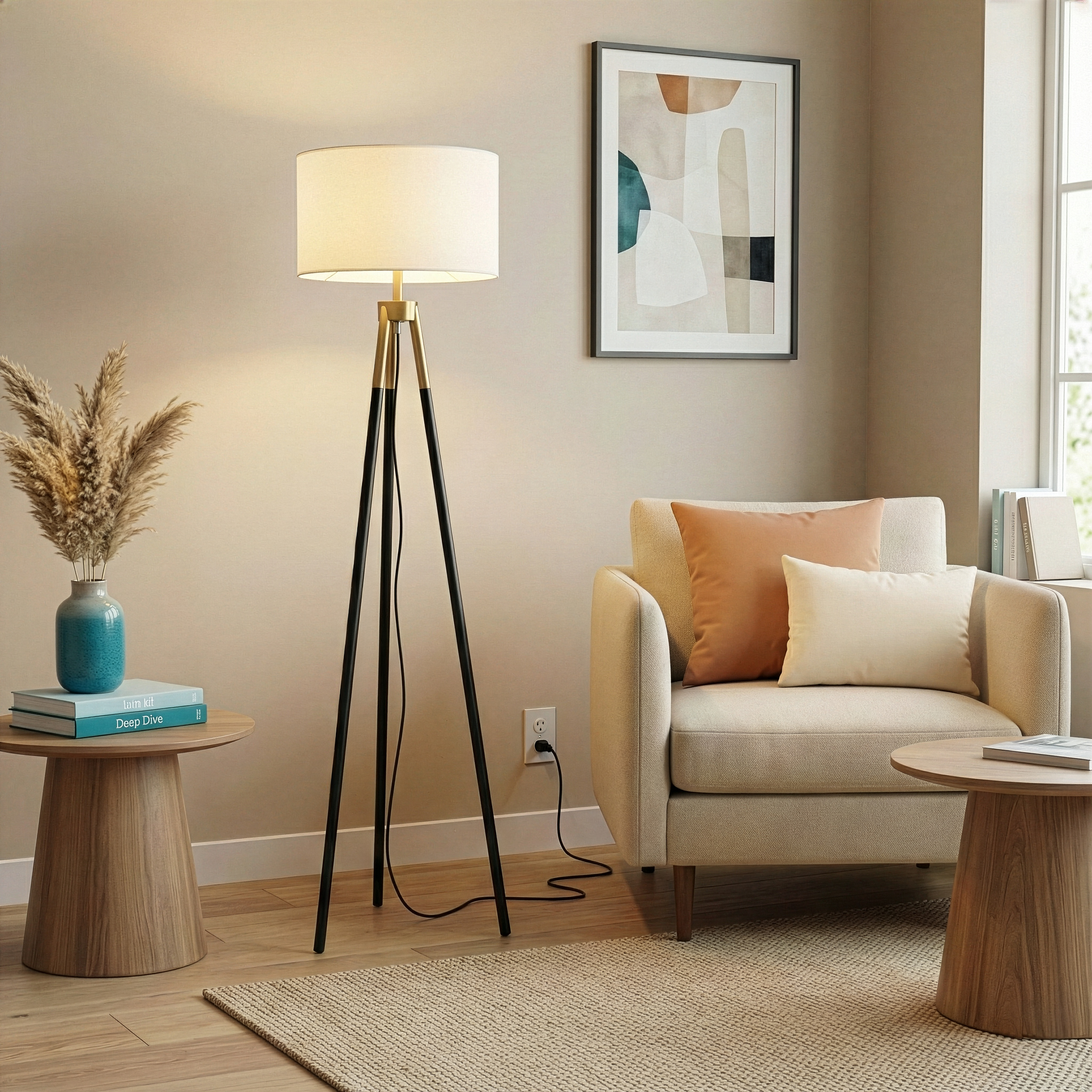 Sway Brassed Gold Floor Lamp With On Off  Triple Legs White Fabric Shade