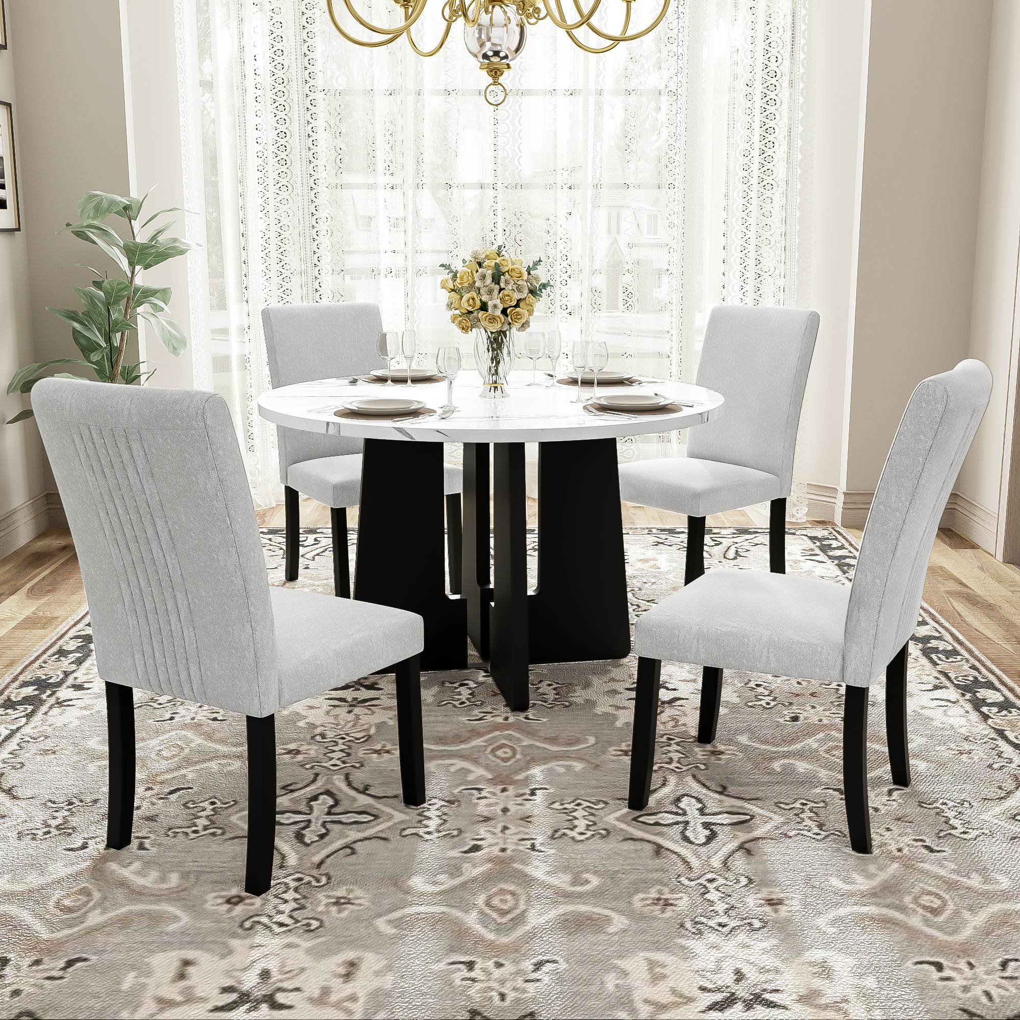 Juego de mesa de comedor redondo de 5 piezas con 43 pulgadas y 4 sillas