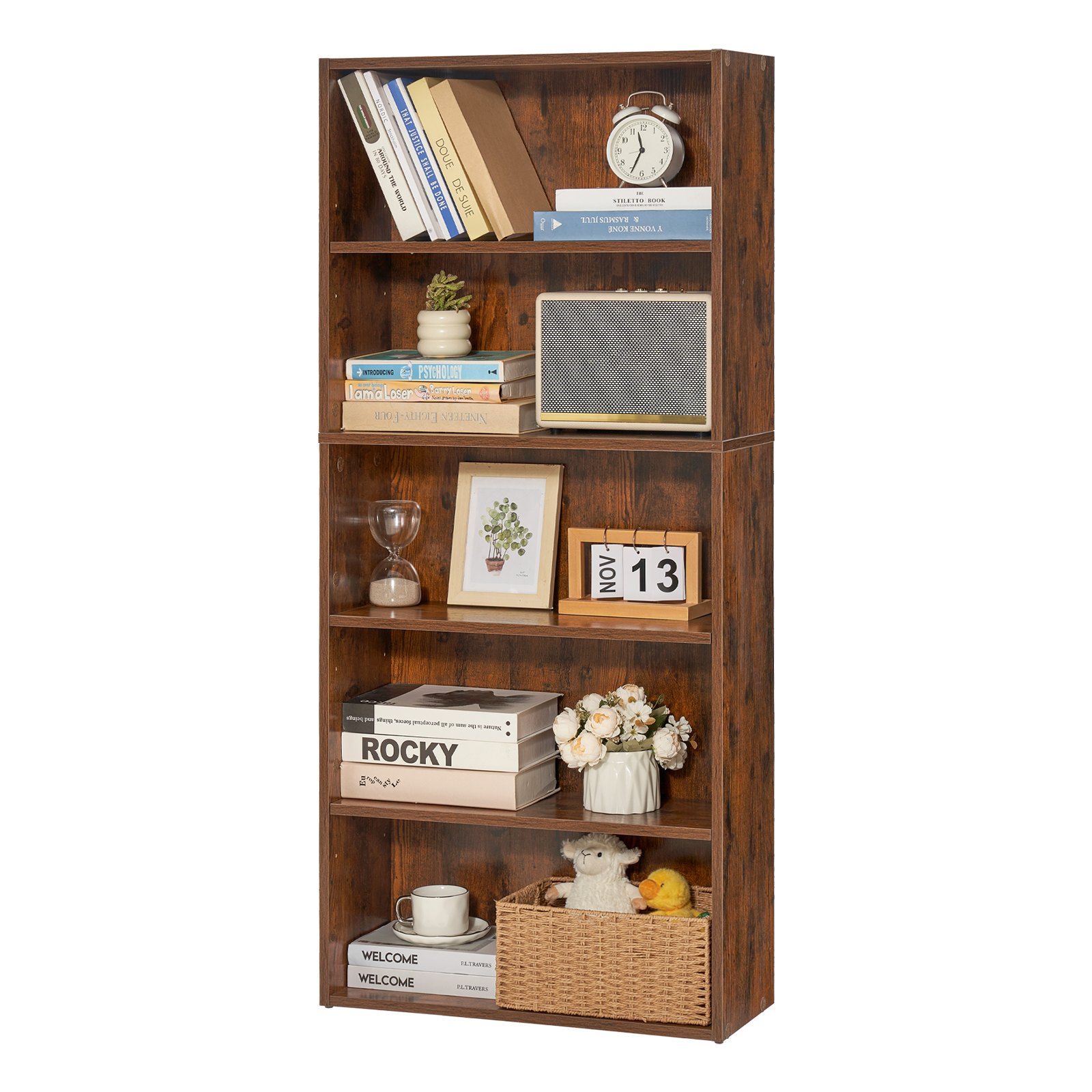 Estantería de madera de 5 niveles, 53 pulgadas, estrecha, con estantes ajustables, marrón
