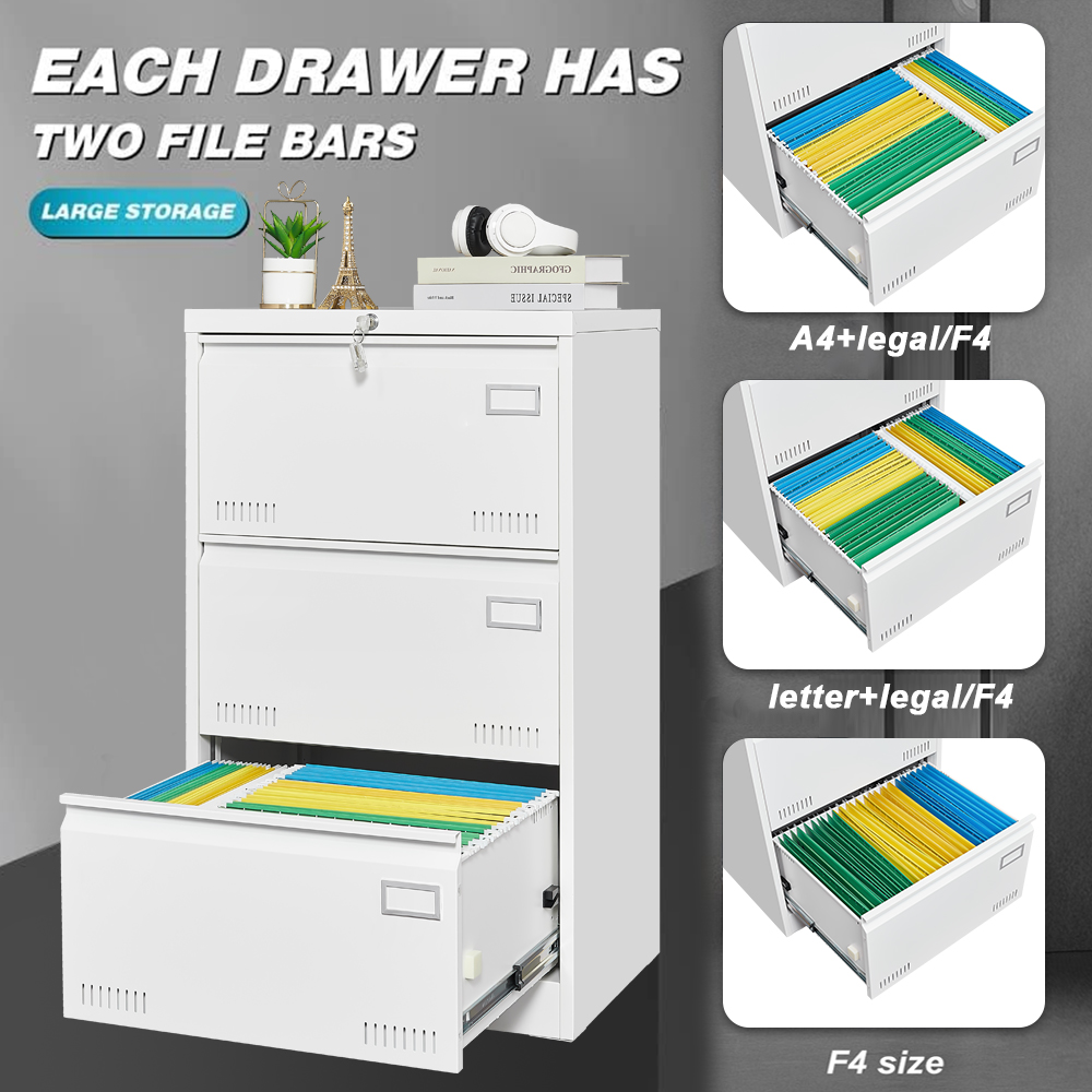 Filing Cabinet Lateral File Cabinet 3 Drawer, White Filing Cabinets With Lock, Locking Metal File Cabinets Three Drawer Office Cabinet For Legal Letter A4 F4 Home Offic