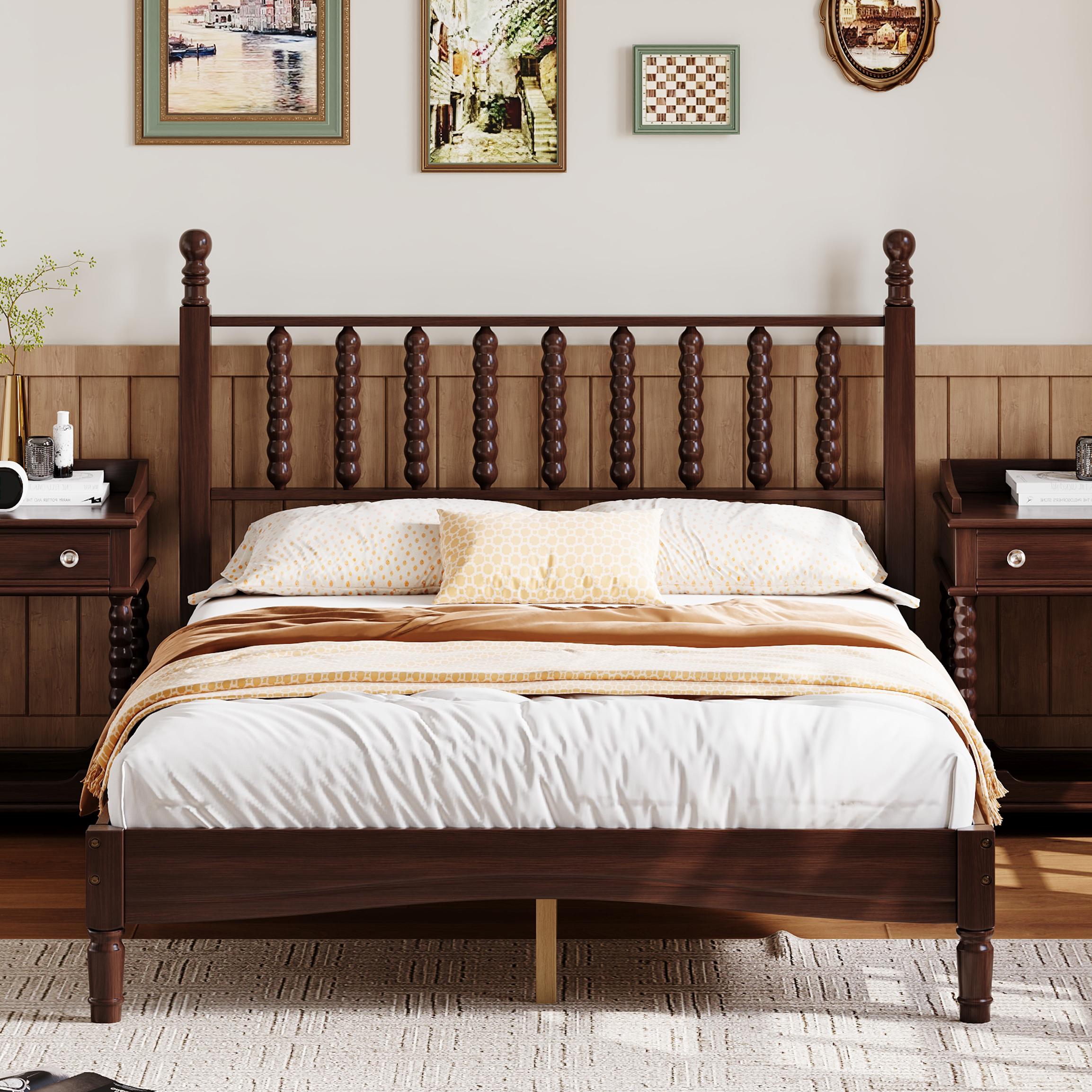 Full Size Wood Platform Bed With Gourd Shaped Headboard,Retro Style Platform Bed With Wooden Slat Support,Walnut