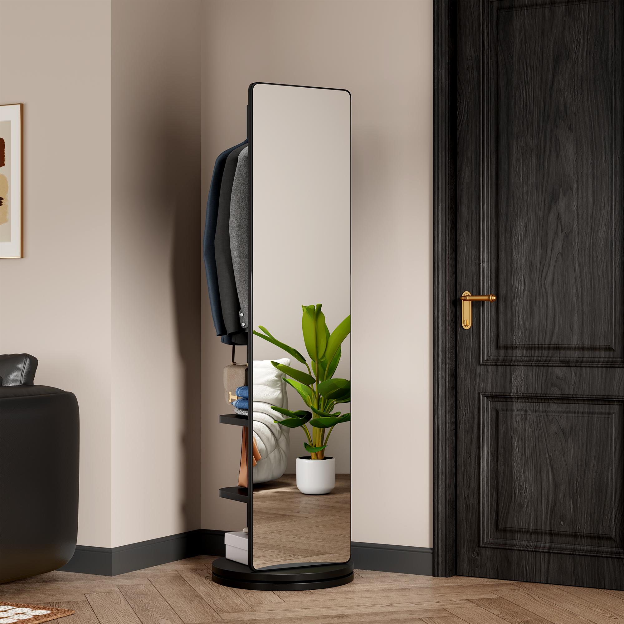 360 Rotating 69x20in Multifunctional Full Length Mirror With Hook Storage Rack Coat Rack With Mirror Solid Wood Floor Mirror Bedroom Living Room Cloakroom Space Saving   Black