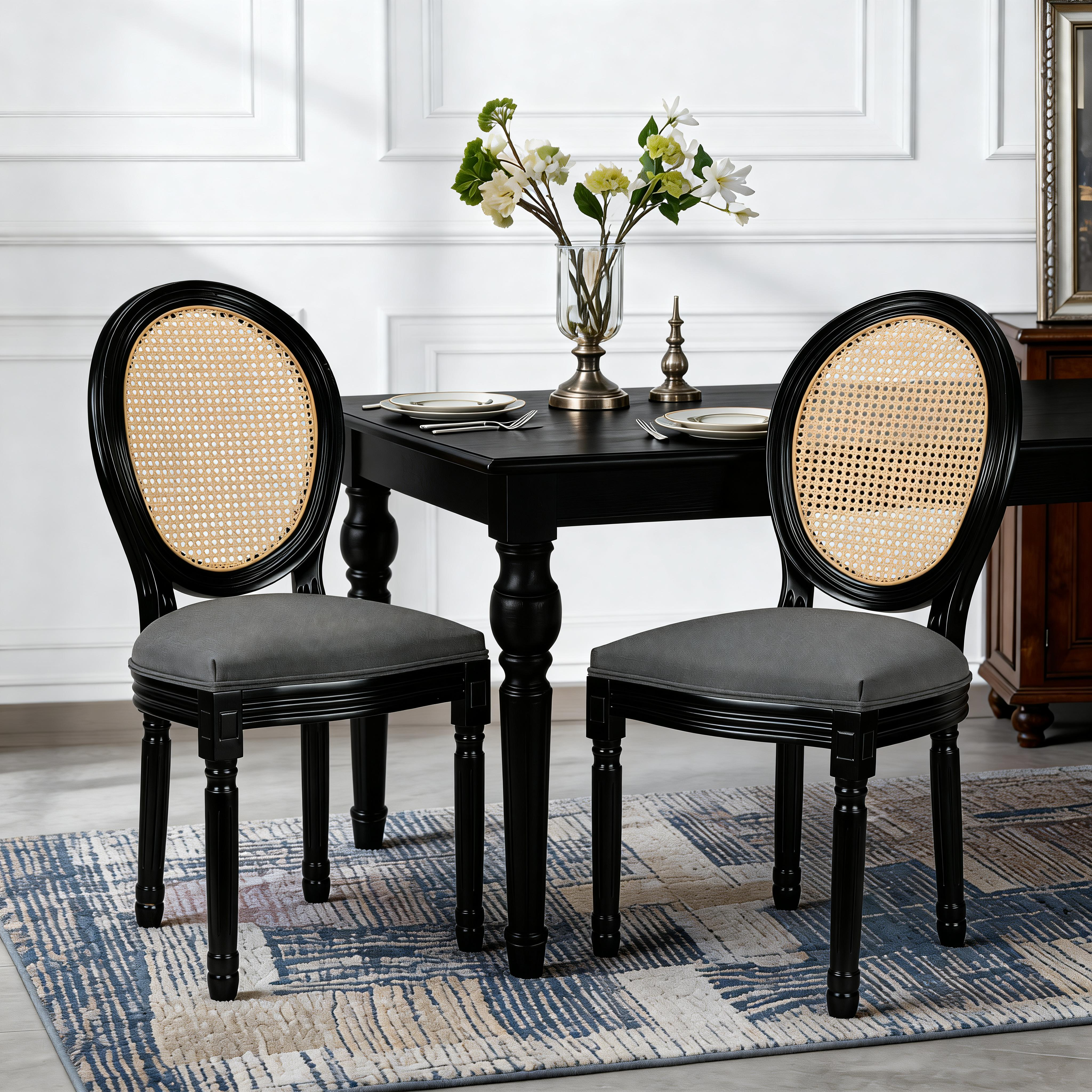 French Country Dining Chairs Set Of 2, Upholstered Chairs With Rattan Round Back, For Living Room, Kitchen , Restaurant Use, Black Solid Wood  Frame, Dark Grey Fabric