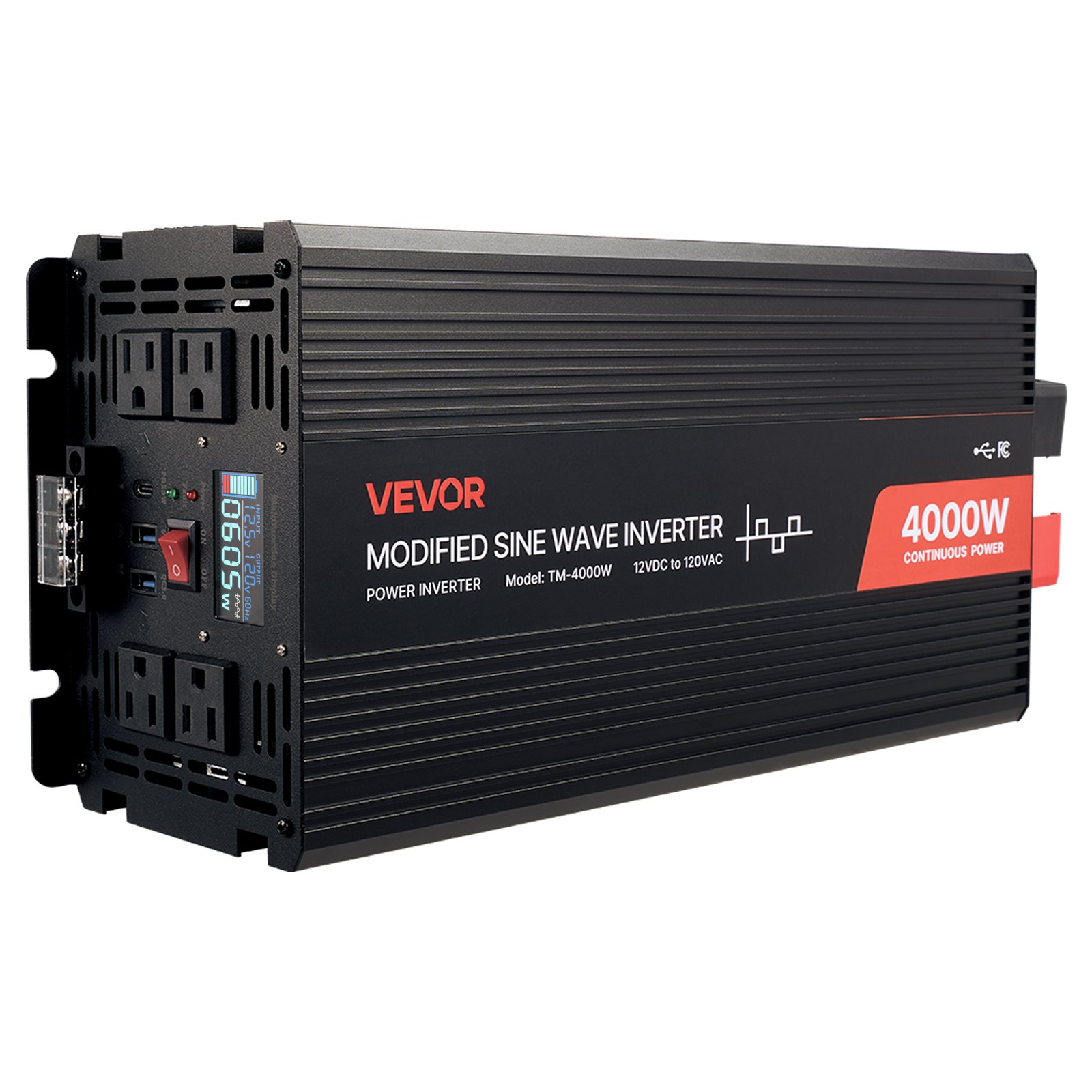 Inversor de corriente 4000 W, 12V CC a 120V CA, onda modificada, con LCD y USB