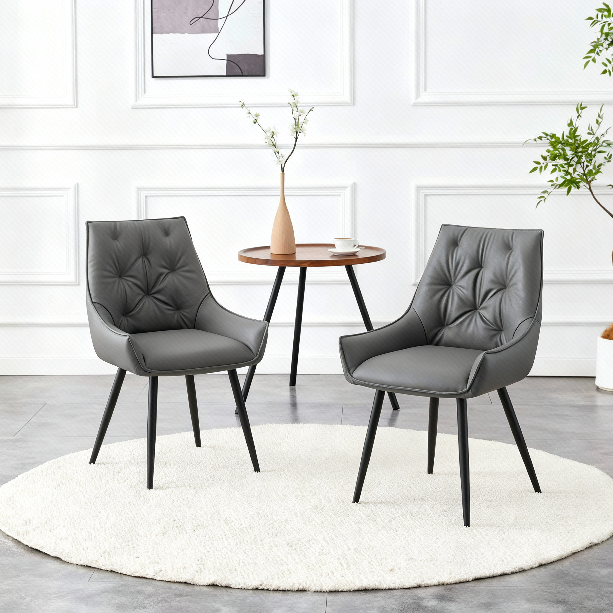 Dining Chairs Set Of 2, Dark Gray Faux Leather Dining Room Chair, Metal Kitchen Chairs With Gold Mesh Texture And Black Sanded Legs, Flat Back Upholstered Chair  Dark Gray, Set Of 2