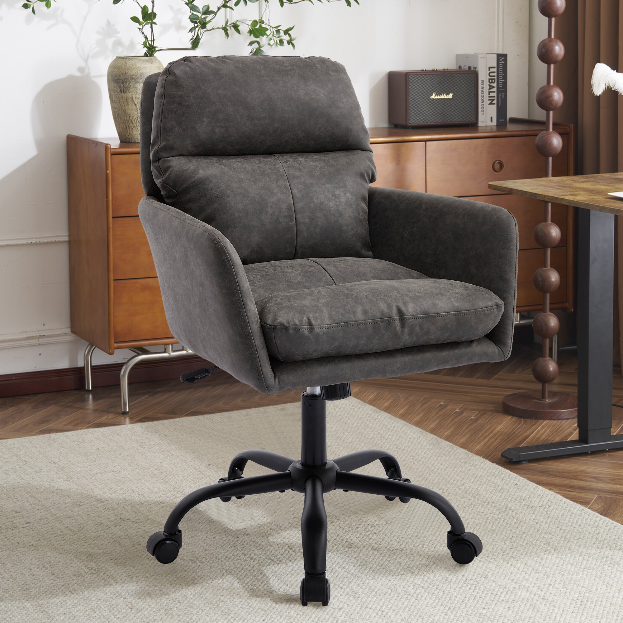 Artificial Leather, PU Leather, Black Base, Adjustable In Height, Suitable For Office, Bedroom, Dressing Table And Other Environments. An Office Chair.Gray