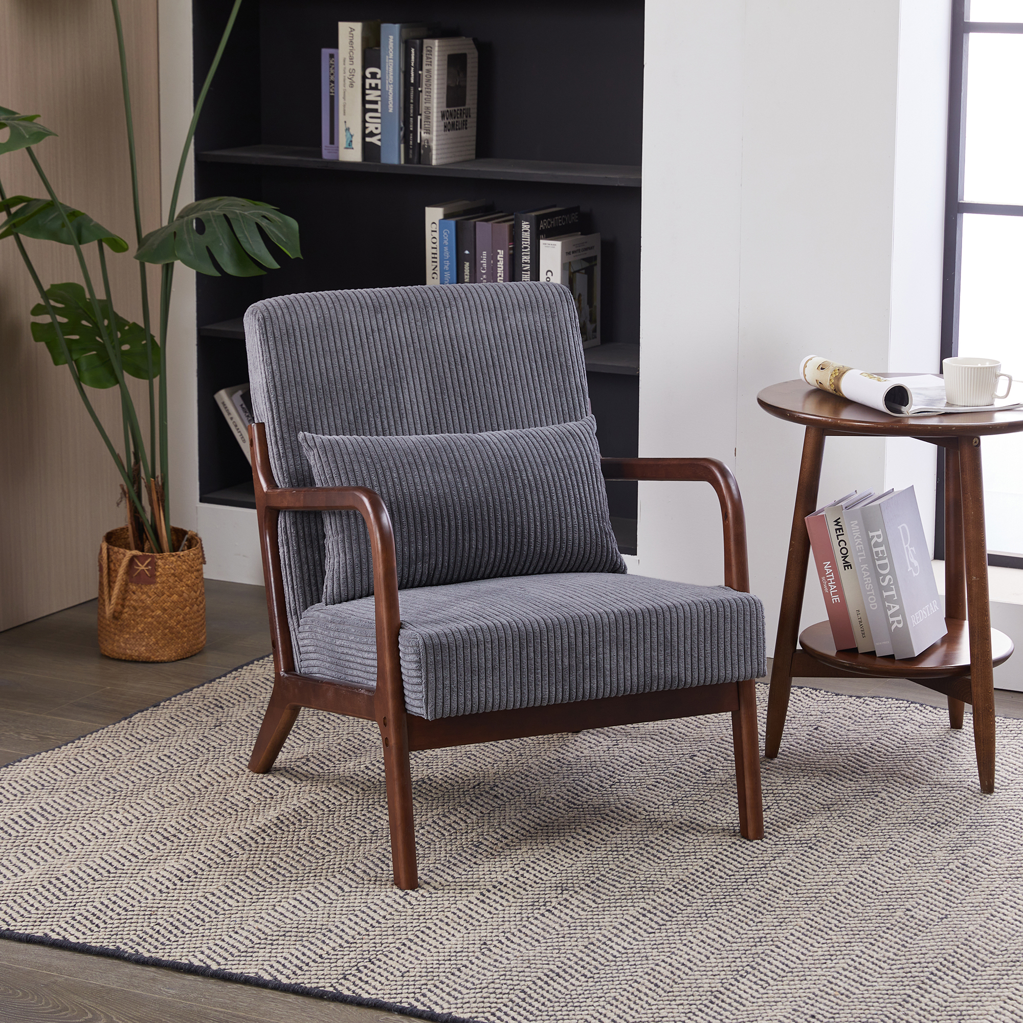 Mid-Century Modern Accent Chair, Arm Chair Living Room Chairs with Pillow Upholstered Reading Chair with Solid Wood Frame &  Living Room Bedroom Balcony (Antique Dark Grey)