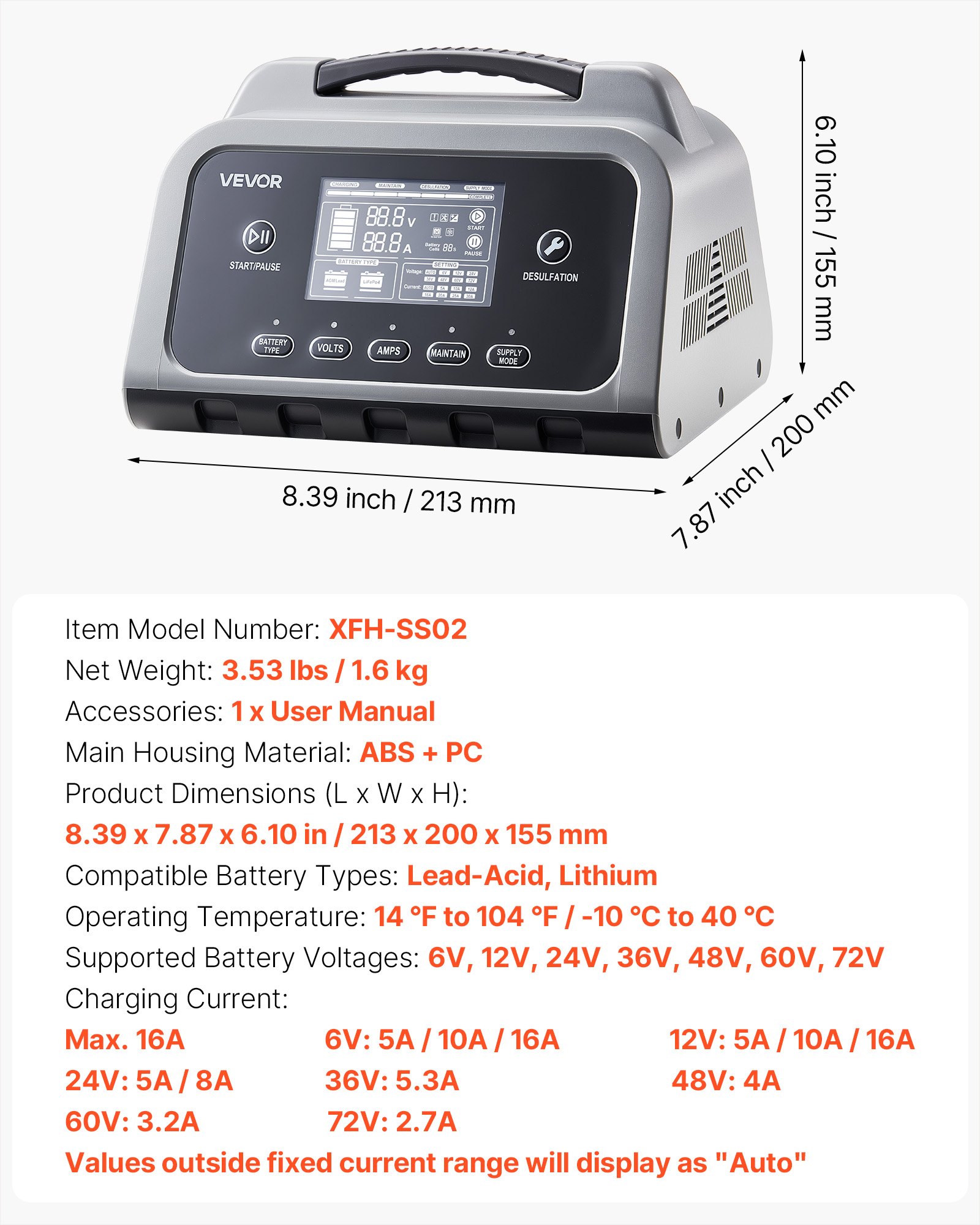 Cargador de batería inteligente 16A, 6V-72V, Litio LiFePO4 Plomo-Ácido, con LCD