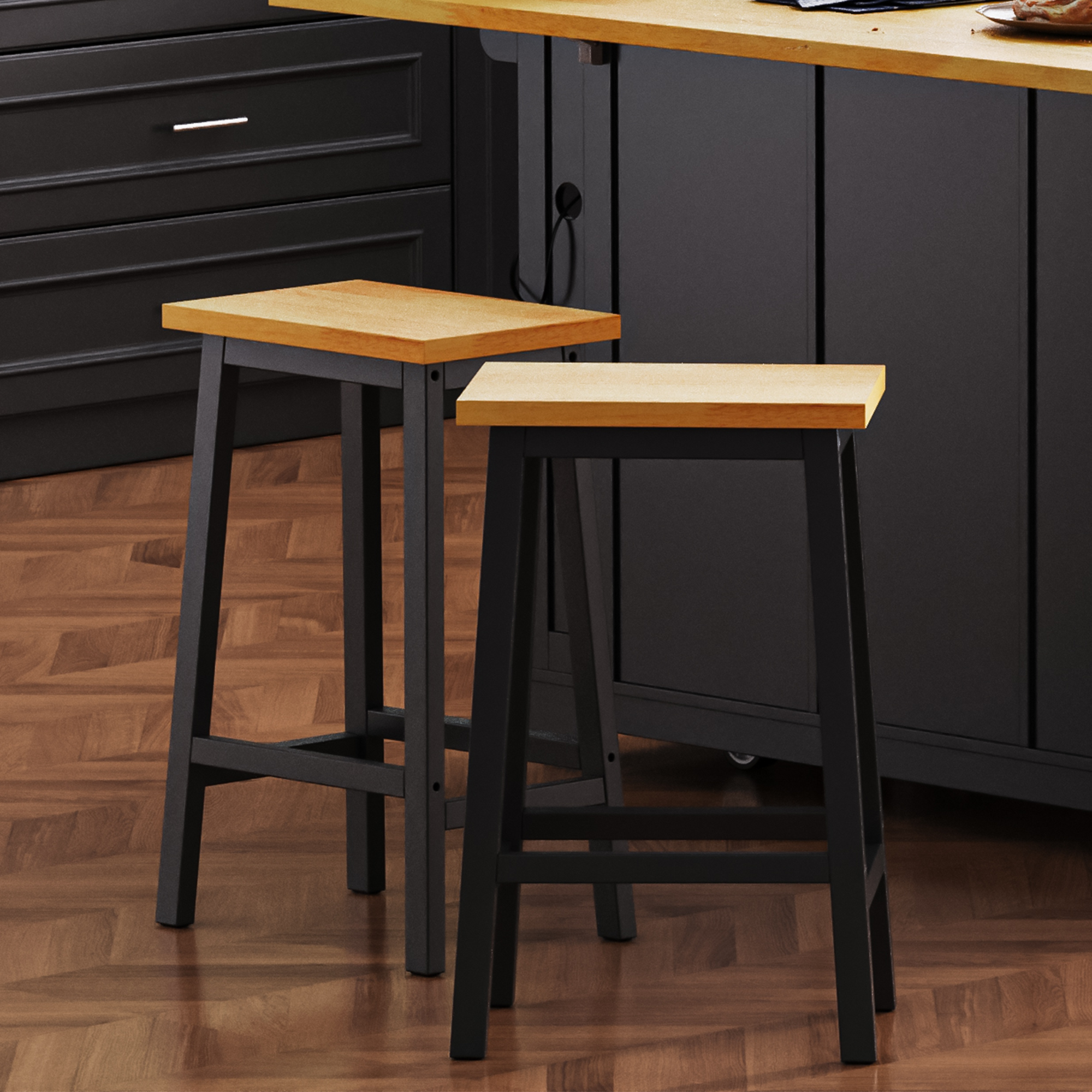 Juego de 2 taburetes de bar K&K de madera maciza, 25.6 pulgadas de alto, negros