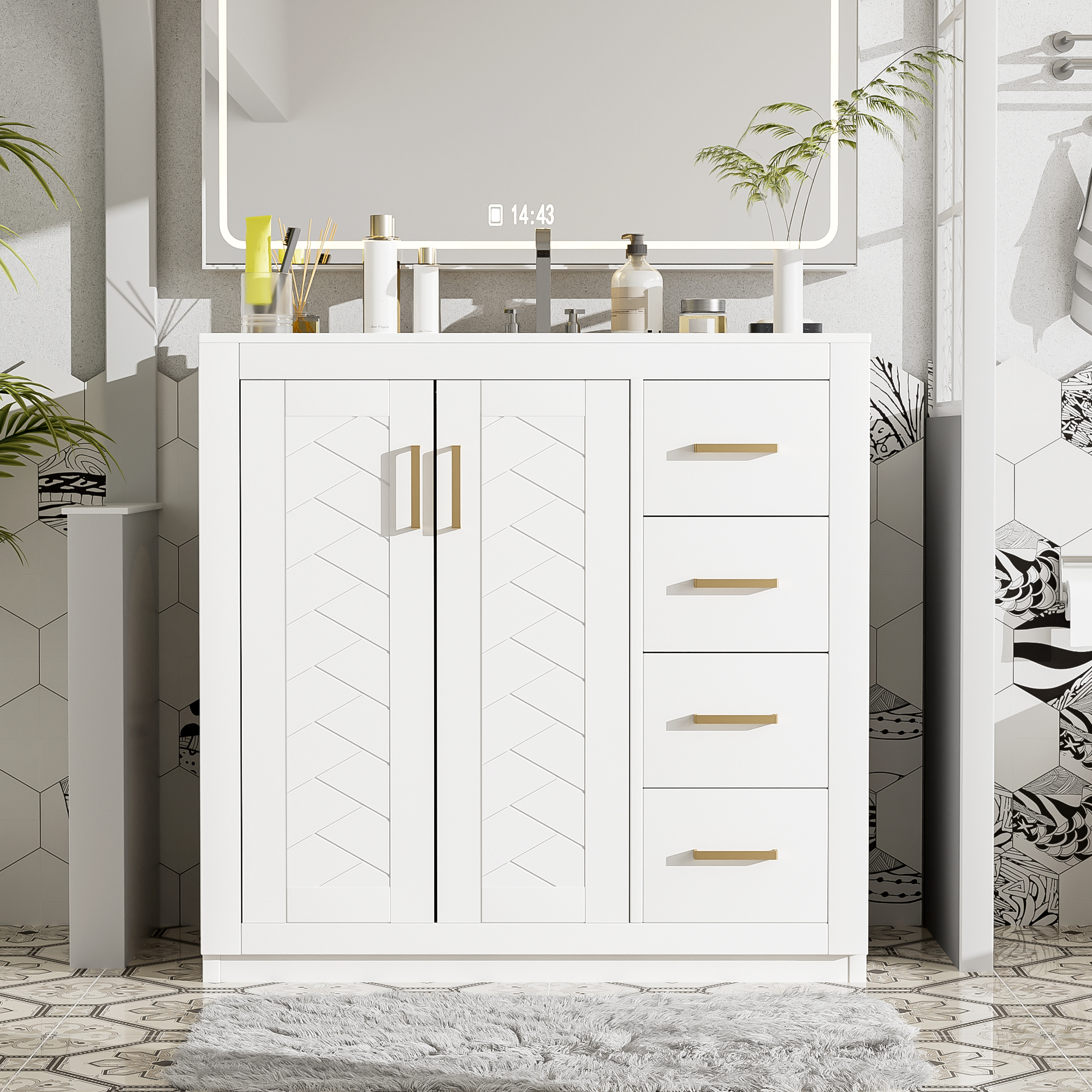 36'' Bathroom Vanity With Ceramic Sink Combo, Solid Wood Frame Bathroom Storage Cabinet, Freestanding Vanity Set With 3 Drawers& Soft Closing Doors