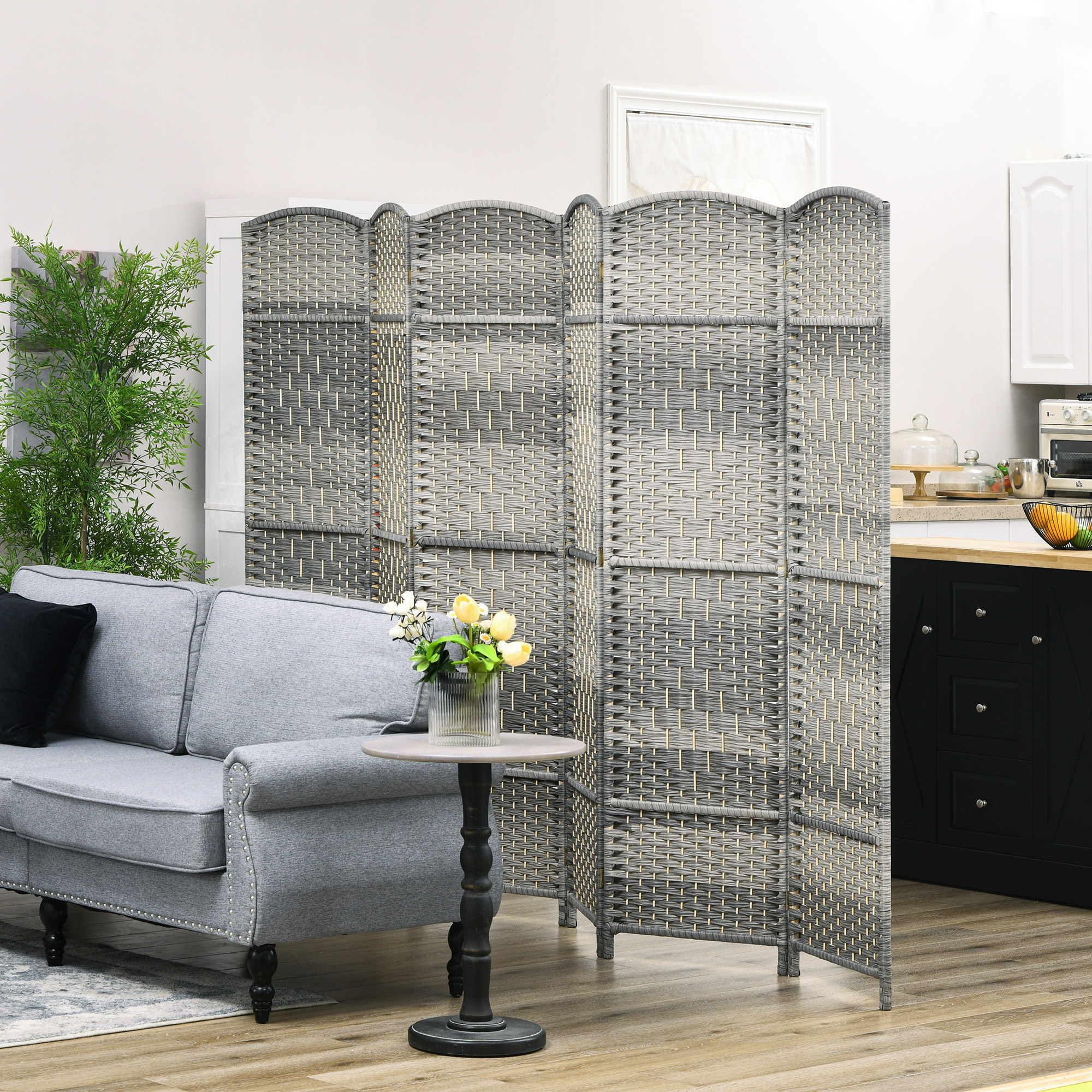 Folding Room Divider Screen 6 Panel 6 Tall Privacy Screen Freestanding Wood Partition for Home Office, Mixed Gray