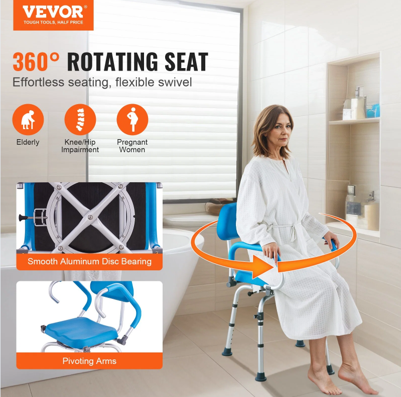 Swivel Shower Chair 360 Degree, Adjustable Shower Seat With Pivoting Arms & Padded Bath Seat For Inside Shower Or Tub, Non-Slip Rotating Bathtub Chair For Elderly Disabled, 300LBS Capacity