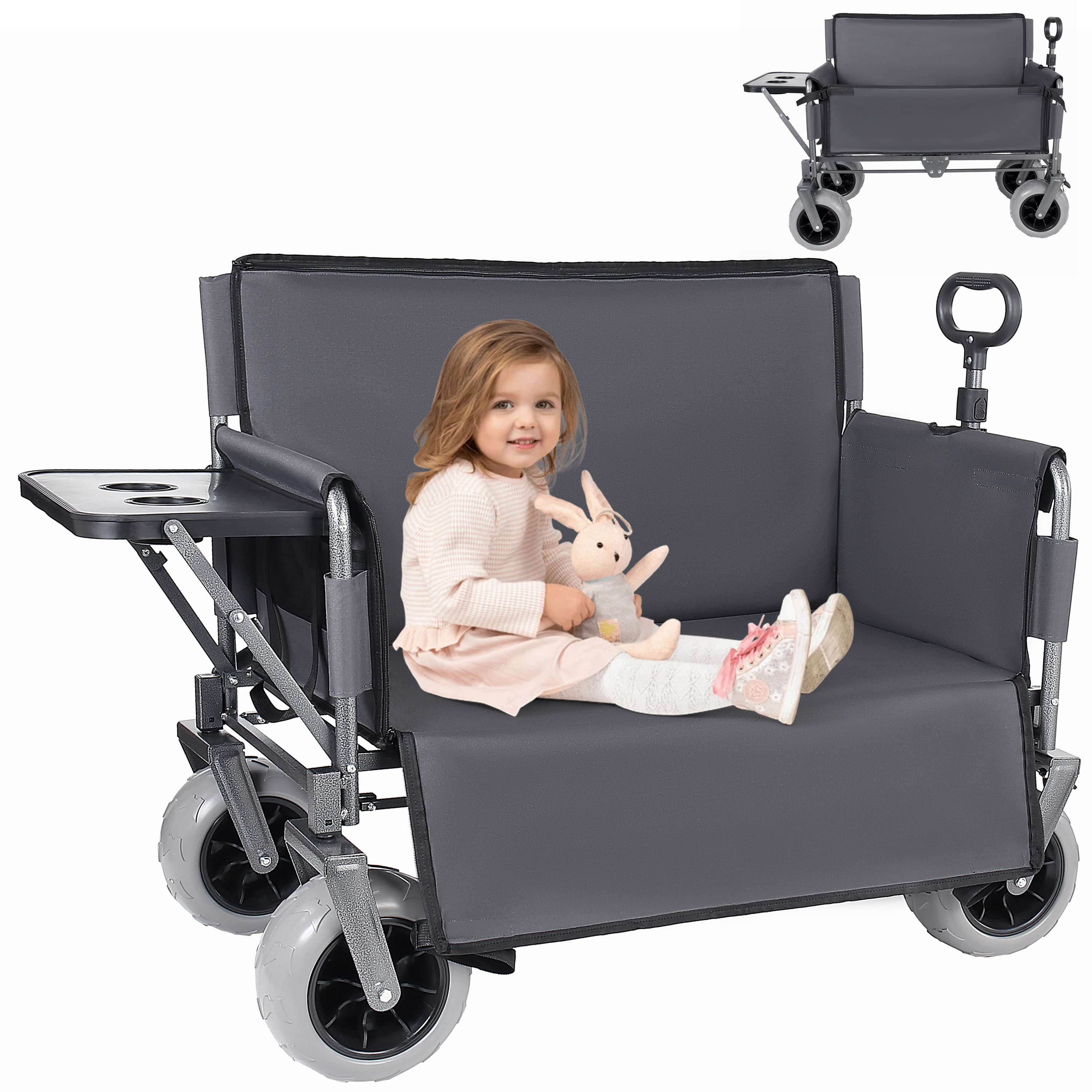 3- In- 1 Collapsible Wagon Converts To Bench Convertible Folding Wagon Cart With Rear- Mounted Folding Tabletop  500lbs Heavy- Duty  180L Capacity For Camping  Beach  Garden  Fishing- Gray