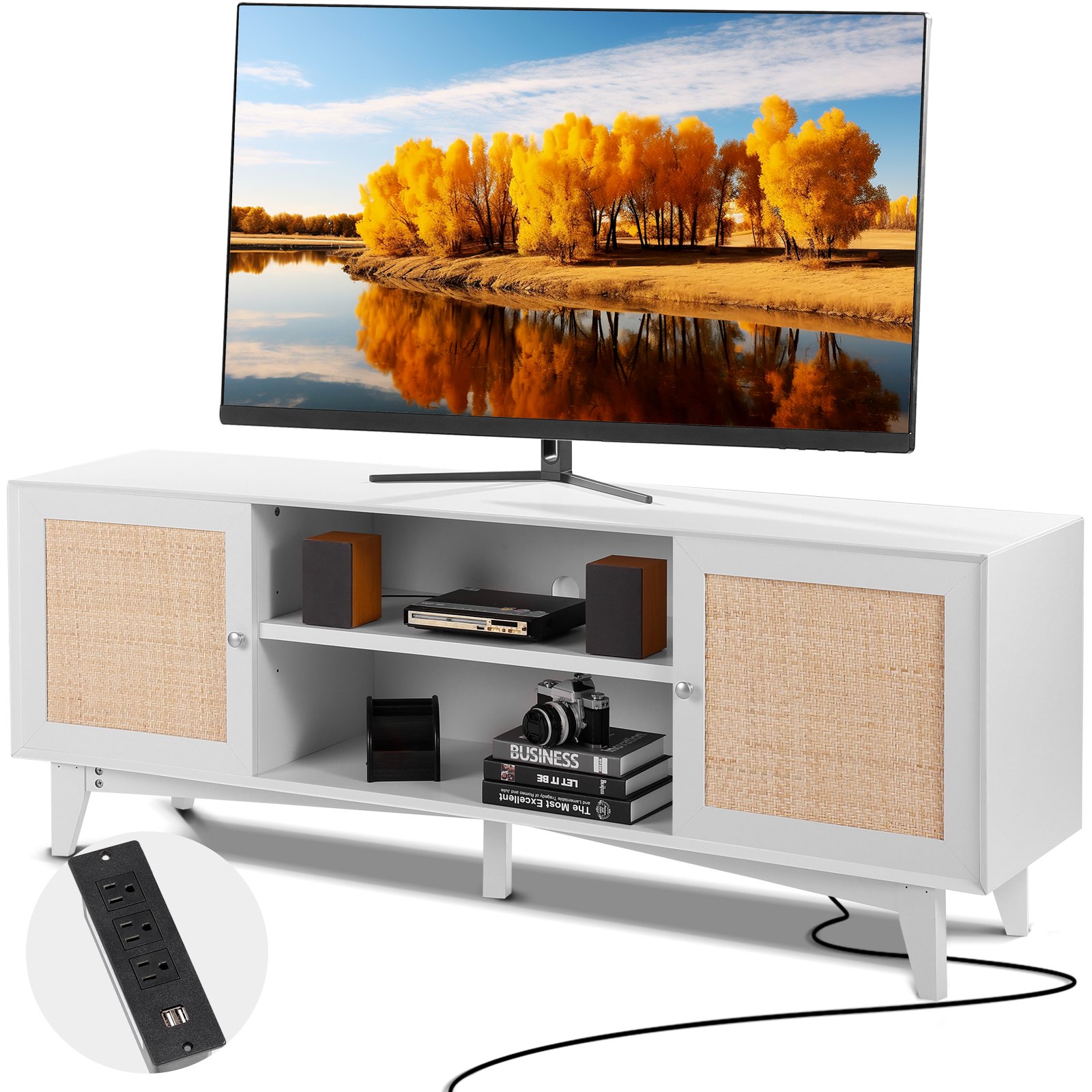 Mueble de TV de ratán para TV de 75 pulgadas, estilo boho, centro de entretenimiento, blanco