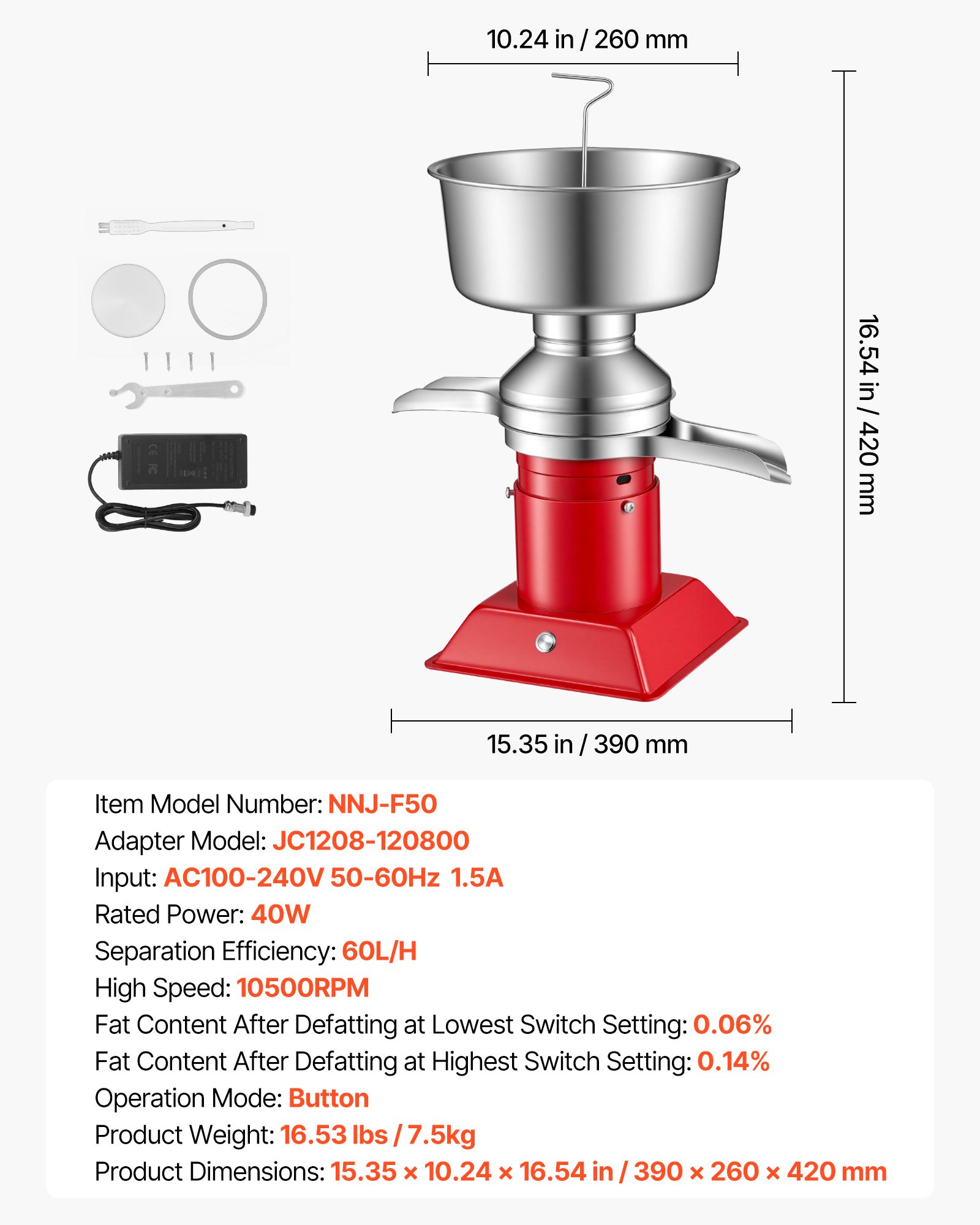 Separador de crema de leche eléctrico, 60 L/h, 10500 RPM, acero inoxidable 304