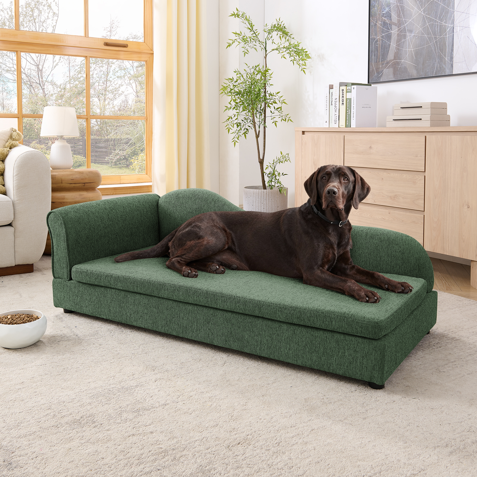 Oversized Pet Sofa For Medium Large Dogs - Modern Irregular Wave Backrest, Single Armrest, Premium Breathable Linen Fabric, Soft Cushion & Low Plastic Feet-Olive Green