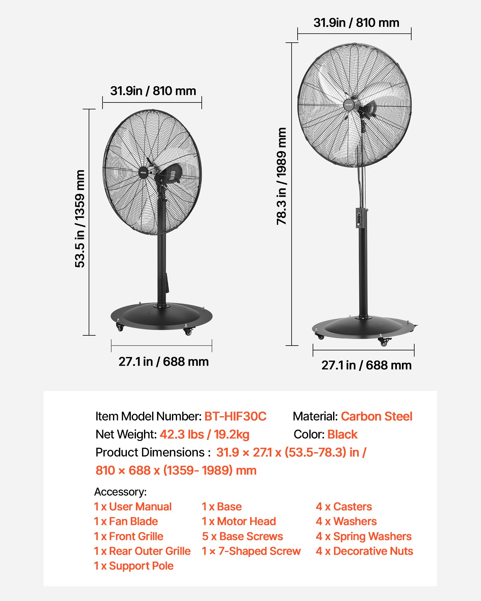 Ventilador de pedestal alta velocidad 30 pulgadas, 9100 CFM, 85° oscilación, negro