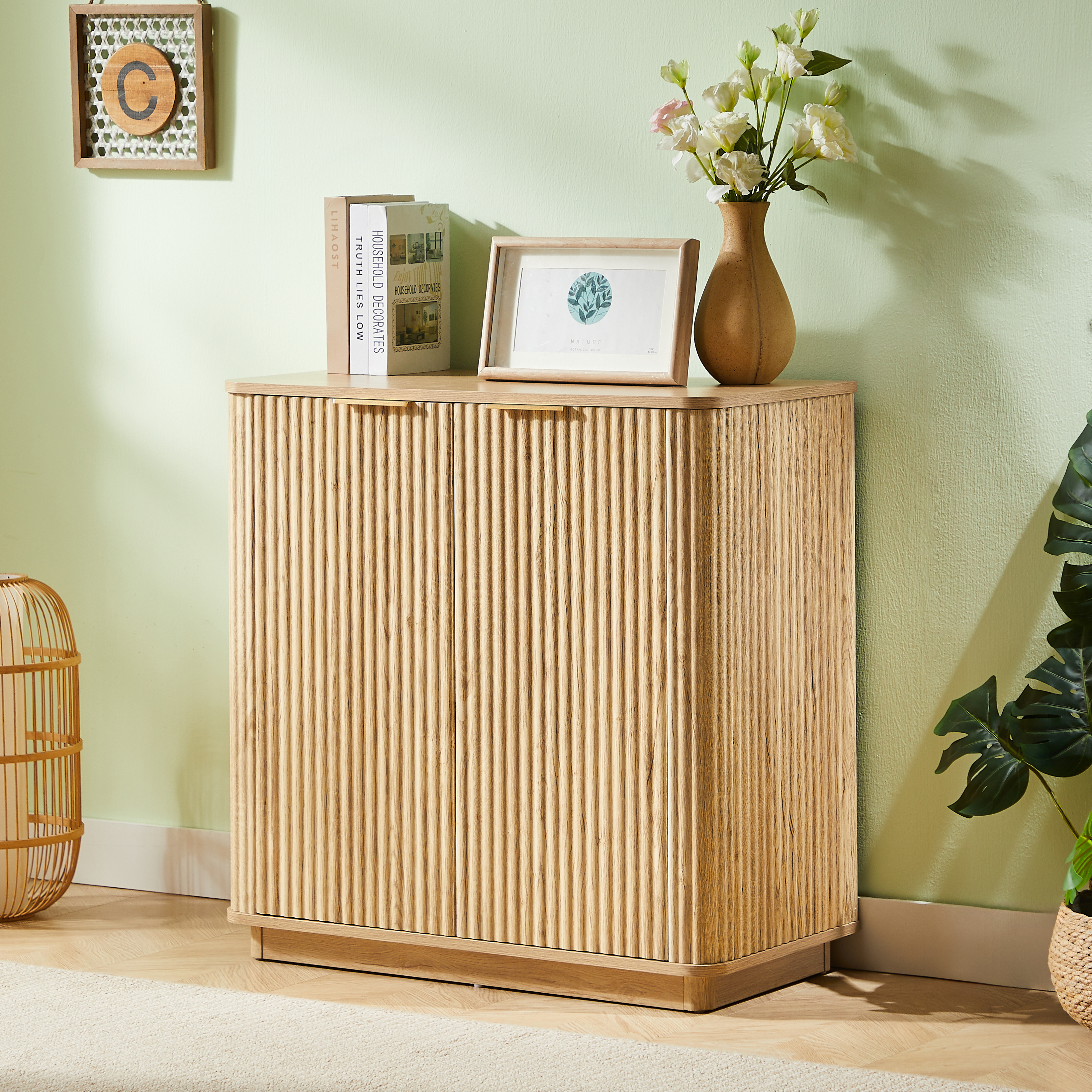 31.5  Buffet Cabinet Sideboard With Storage Curved Wave Design For Bedroom, Living Room, Hallway, Oak,31.5 W X 15.75 D X 31.5 H.