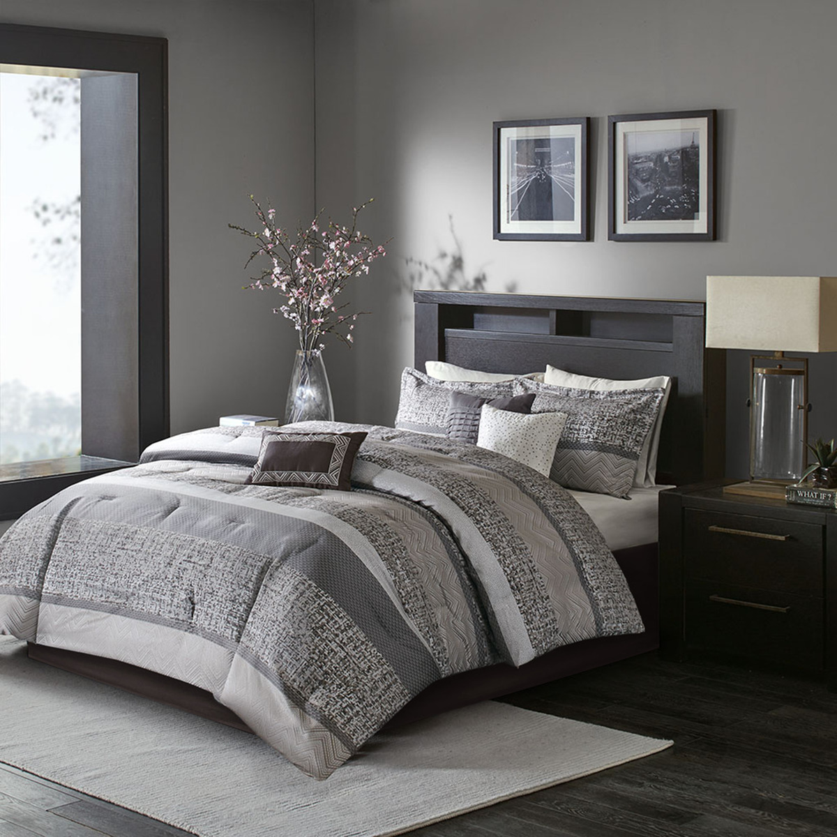 7 Piece Jacquard Comforter Set Grey  Taupe Cal King
