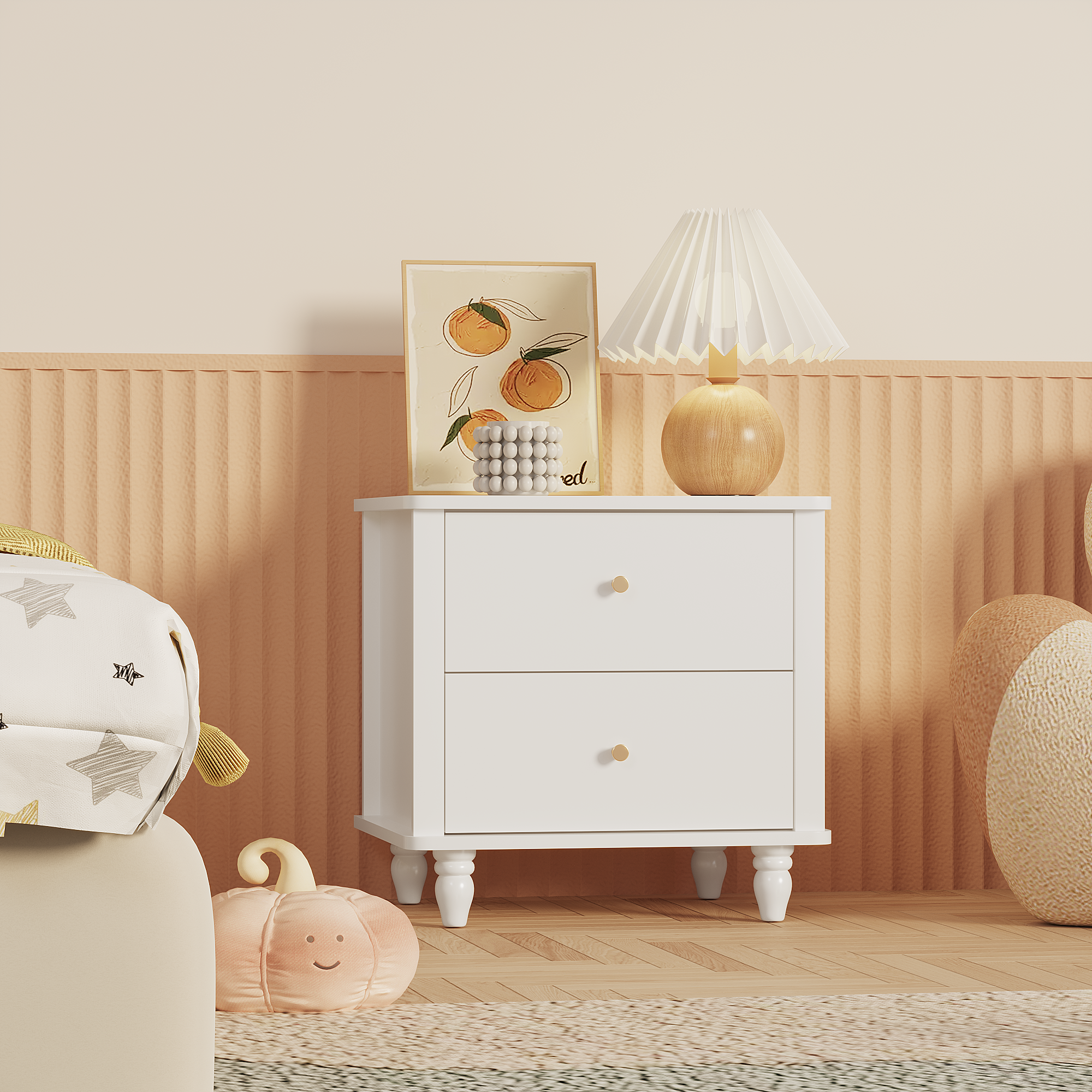 Mesa de noche moderna blanca de 2 cajones, madera MDF, para dormitorio y sala