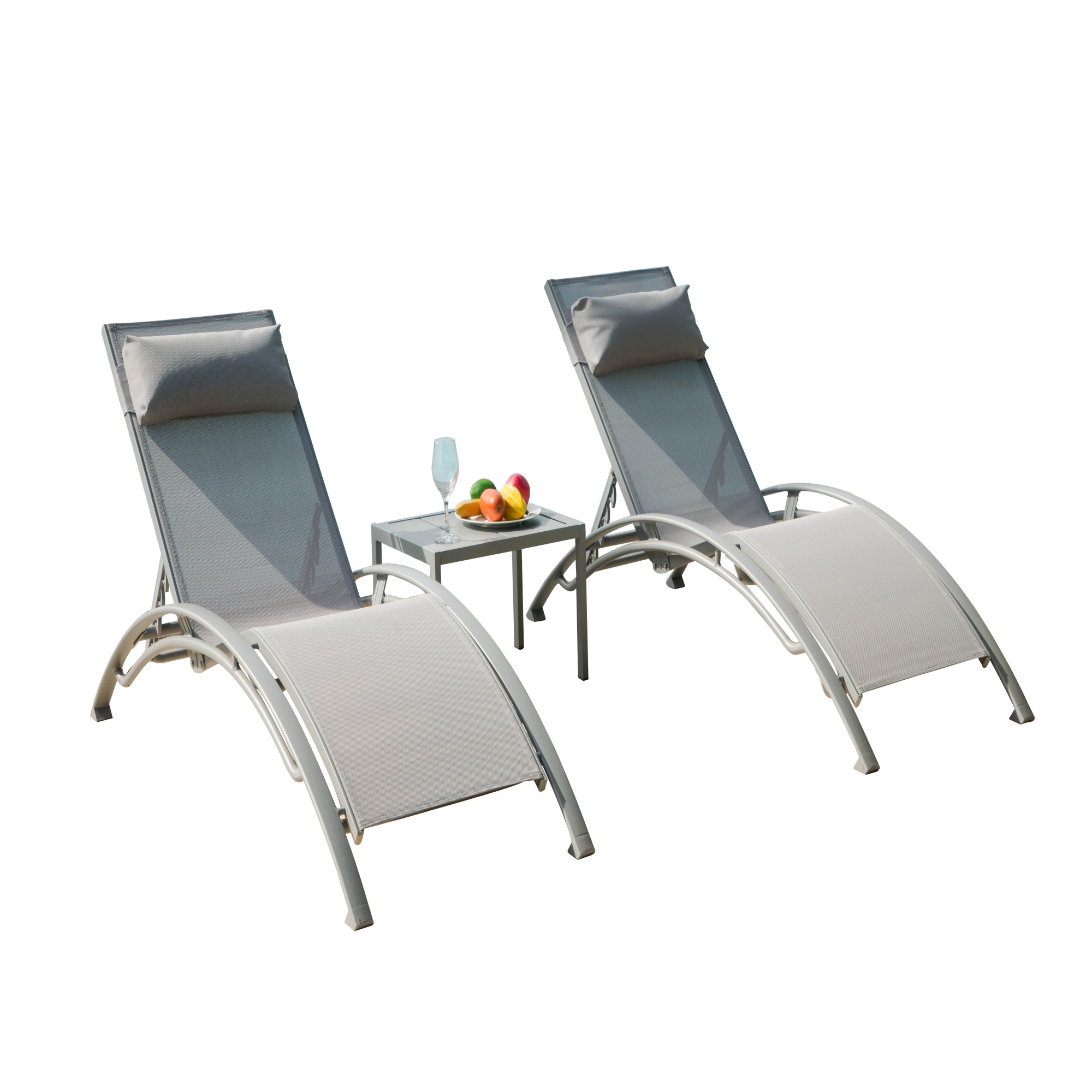 Pool Lounge Chairs Set Of 3, Adjustable Aluminum Outdoor Chaise Lounge Chairs With Metal Side Table, All Weather For Deck Lawn Poolside   Grey,2 Lounge Chairs 1 Table