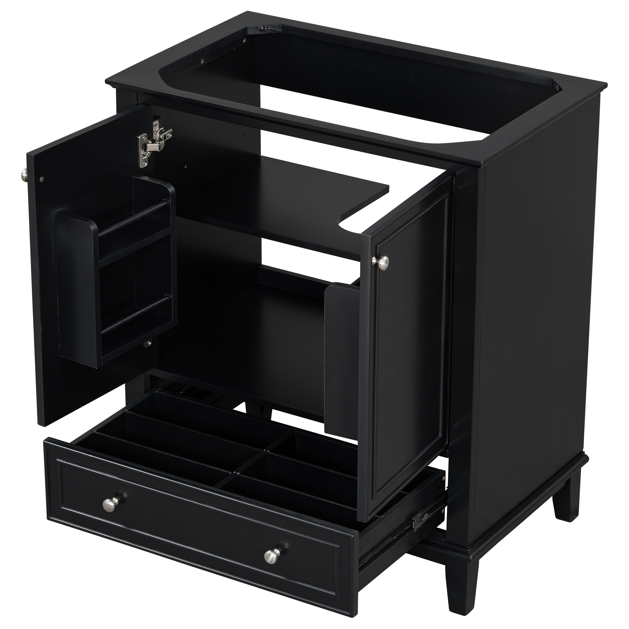 Mueble de baño de 30 pulgadas, sin lavabo, con puertas y cajón, estructura sólida, negro.