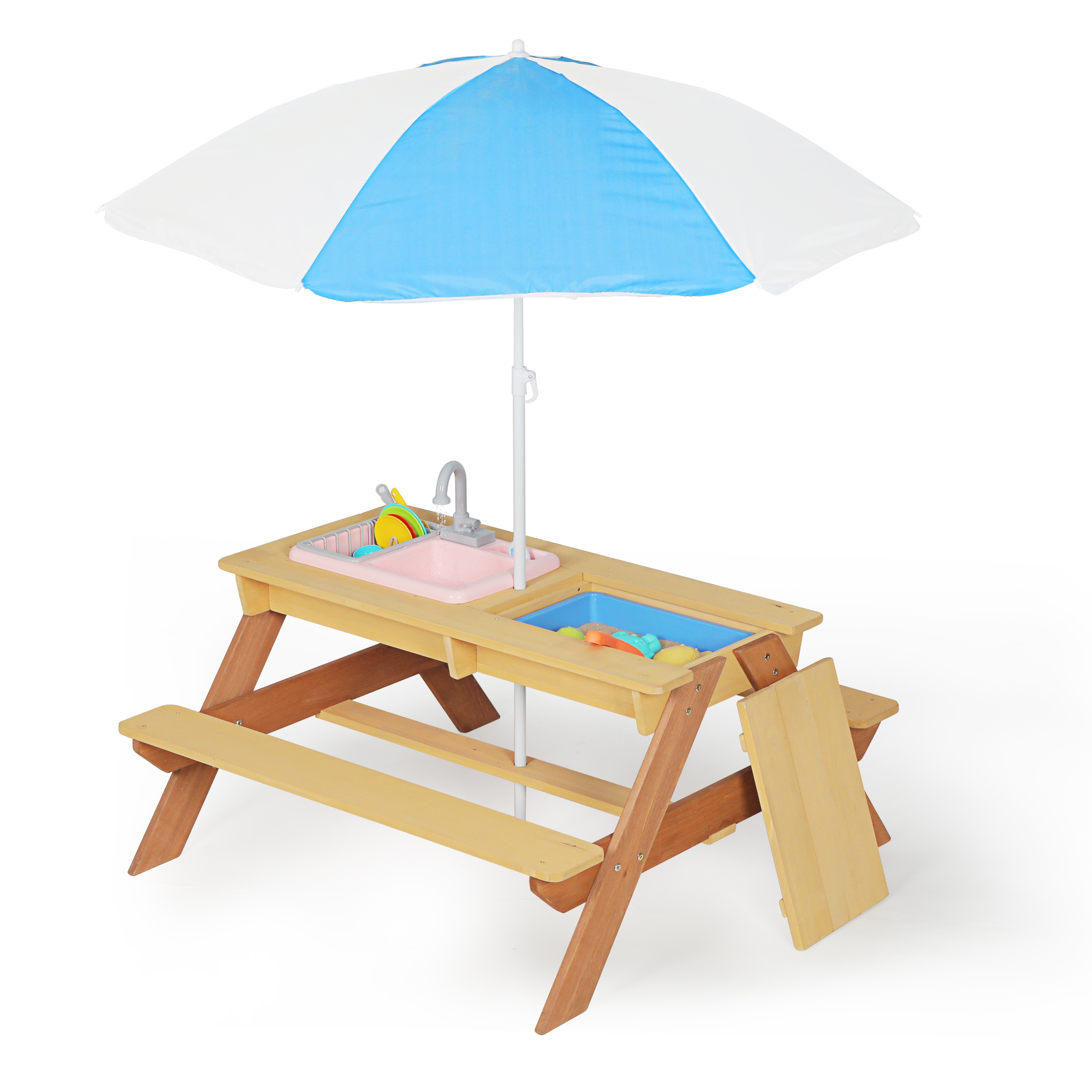 Mesa de pícnic de madera para niños con arenero, mesa de agua y sombrilla