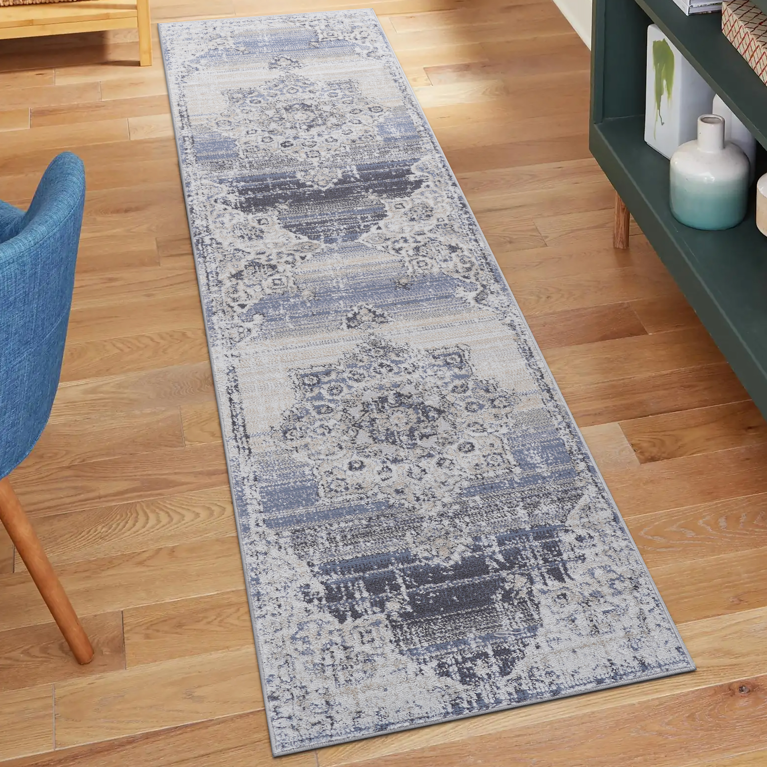 Alfombra de pasillo PAYAS 2X8 crema y azul con medallón
