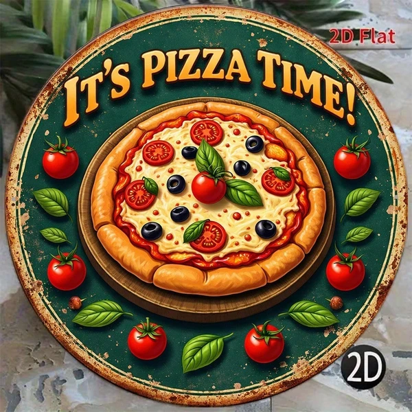 CIFbuy 1pc 2D Flat Round Sign Pizza Time Retro, "Decorative Plaque 8x8in" Delicious Pizza, Party Kitchen Restaurant Bar Wall Art Home DecorTikTok, TikTok, Temu Self-pickup Logiecics