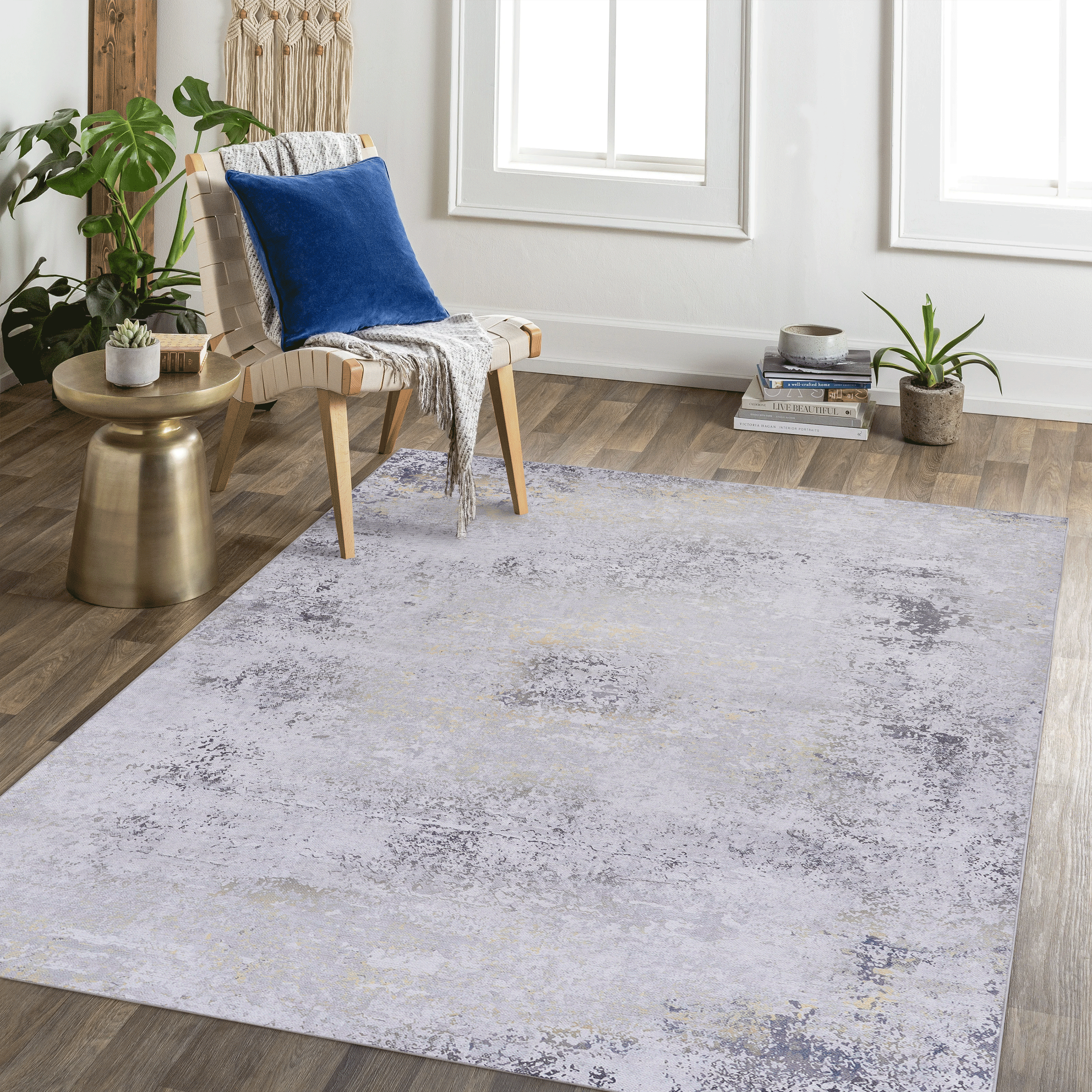 MAVAL Alfombra lavable de área 9x12, gris y dorado