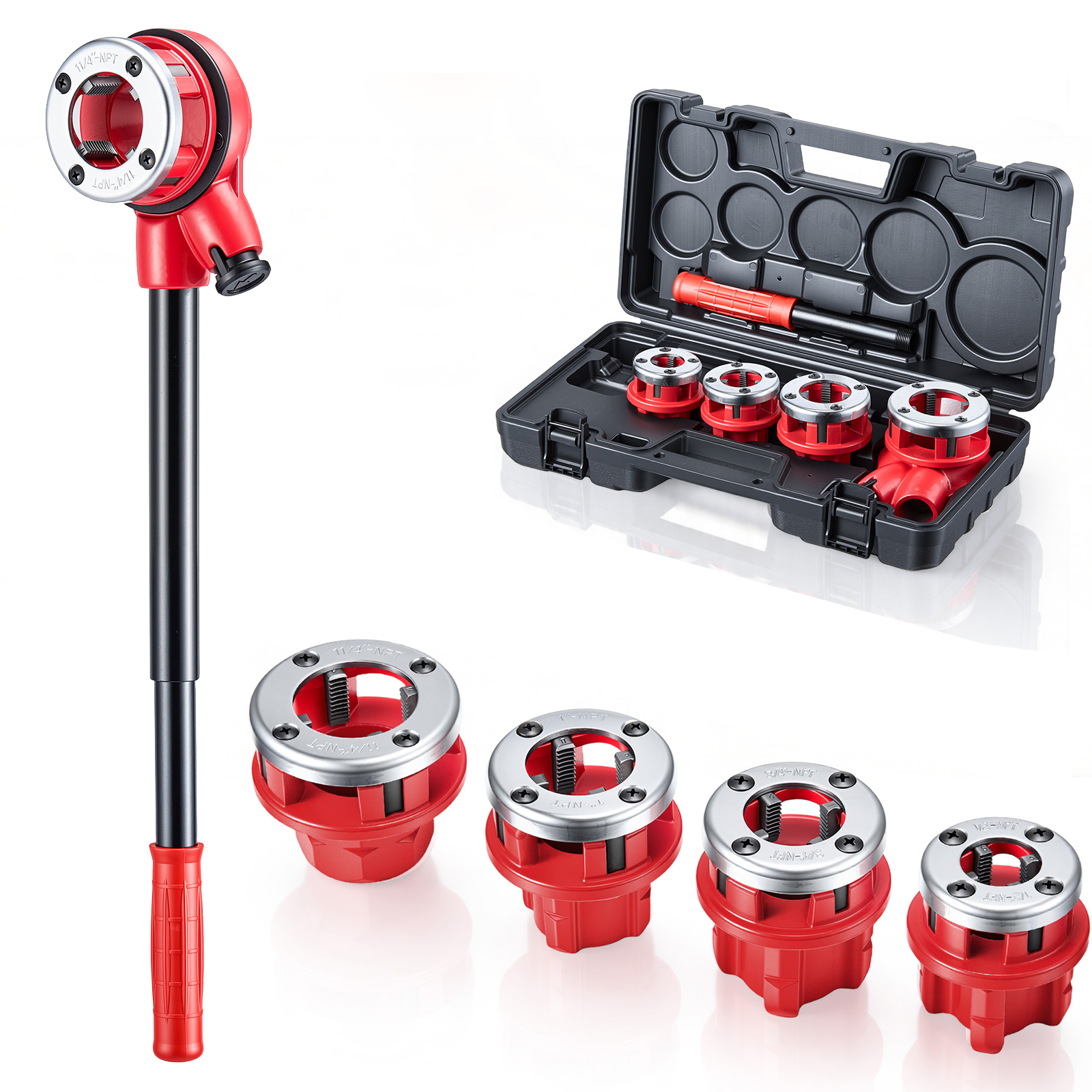 Kit roscador de tuberías de trinquete manual con 4 dados (1/2", 3/4", 1", 1-1/4" NPT)