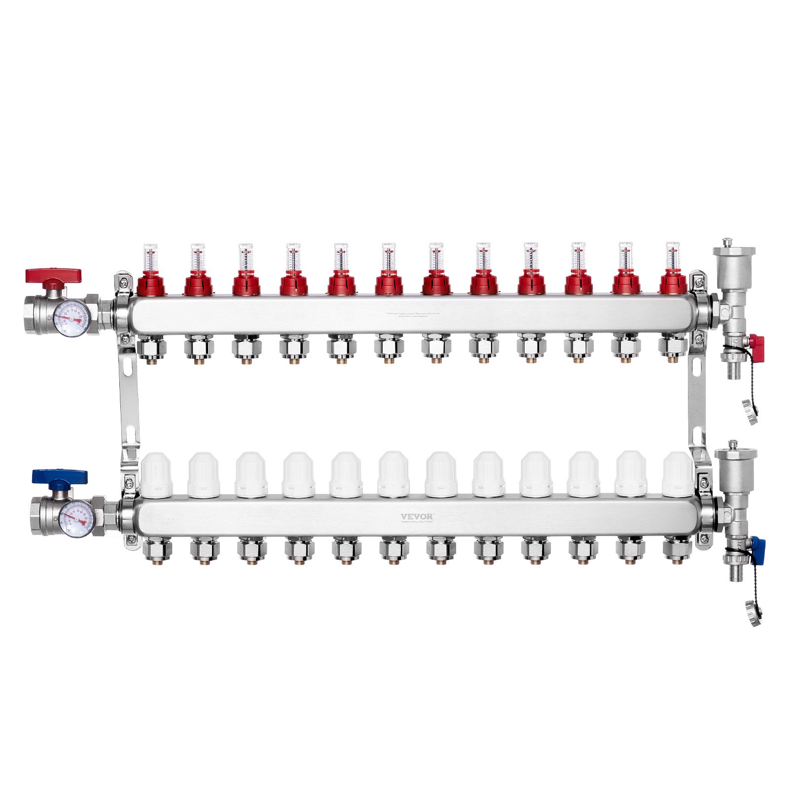 Colector de calor radiante de 12 ramales, PEX 1/2", acero inoxidable, para suelo radiante.