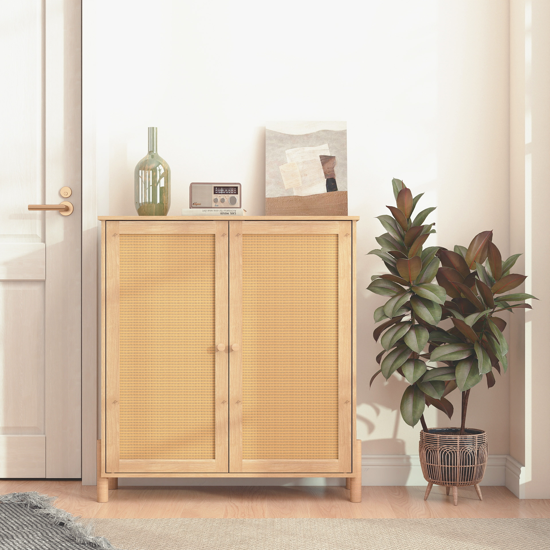Mid-Century Modern Storage Cabinet With Woven Rattan Doors & Adjustable Shelves - Perfect For Living Room & Dining Room