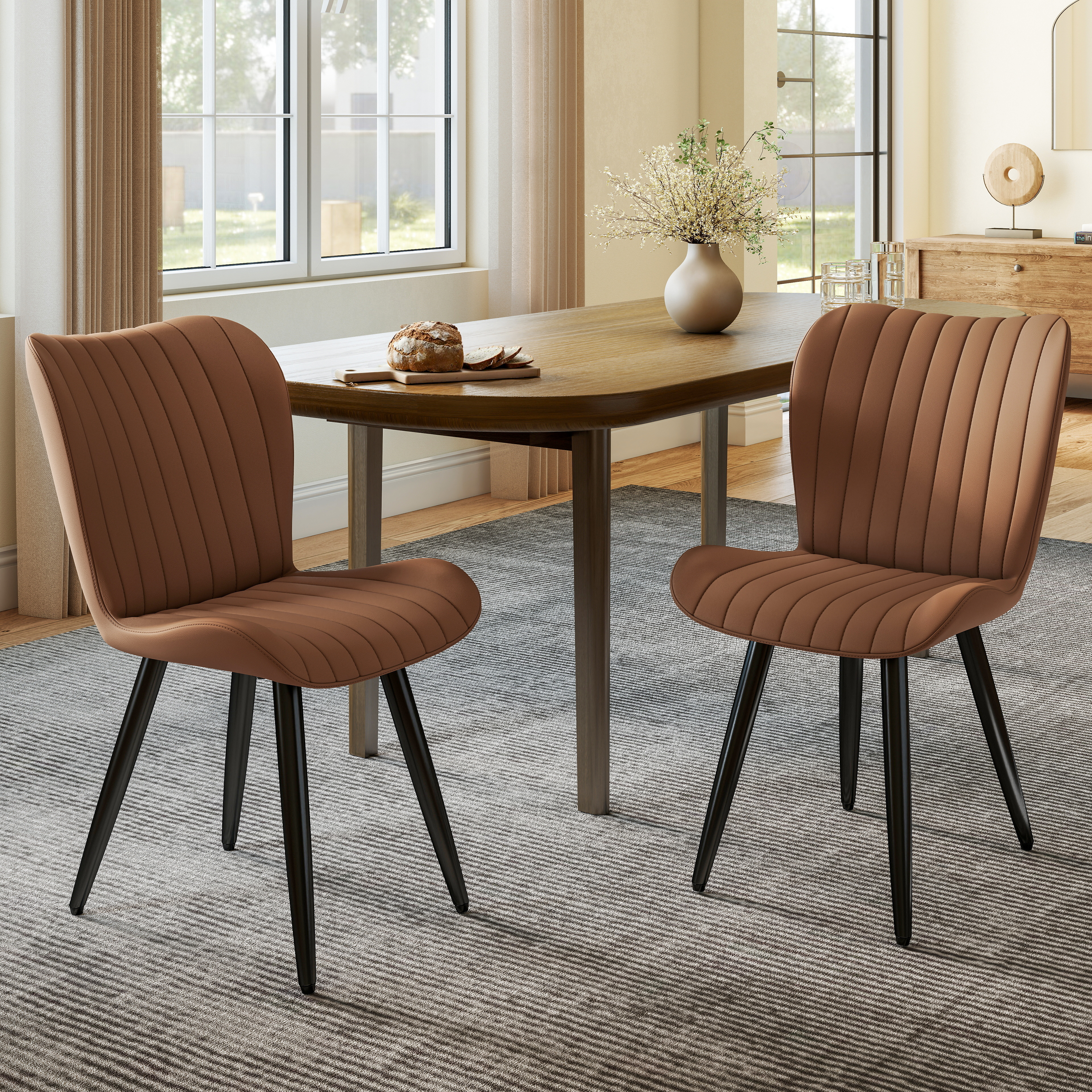 Set de 2 sillas de comedor modernas de piel sintética con cojines gruesos y patas de metal