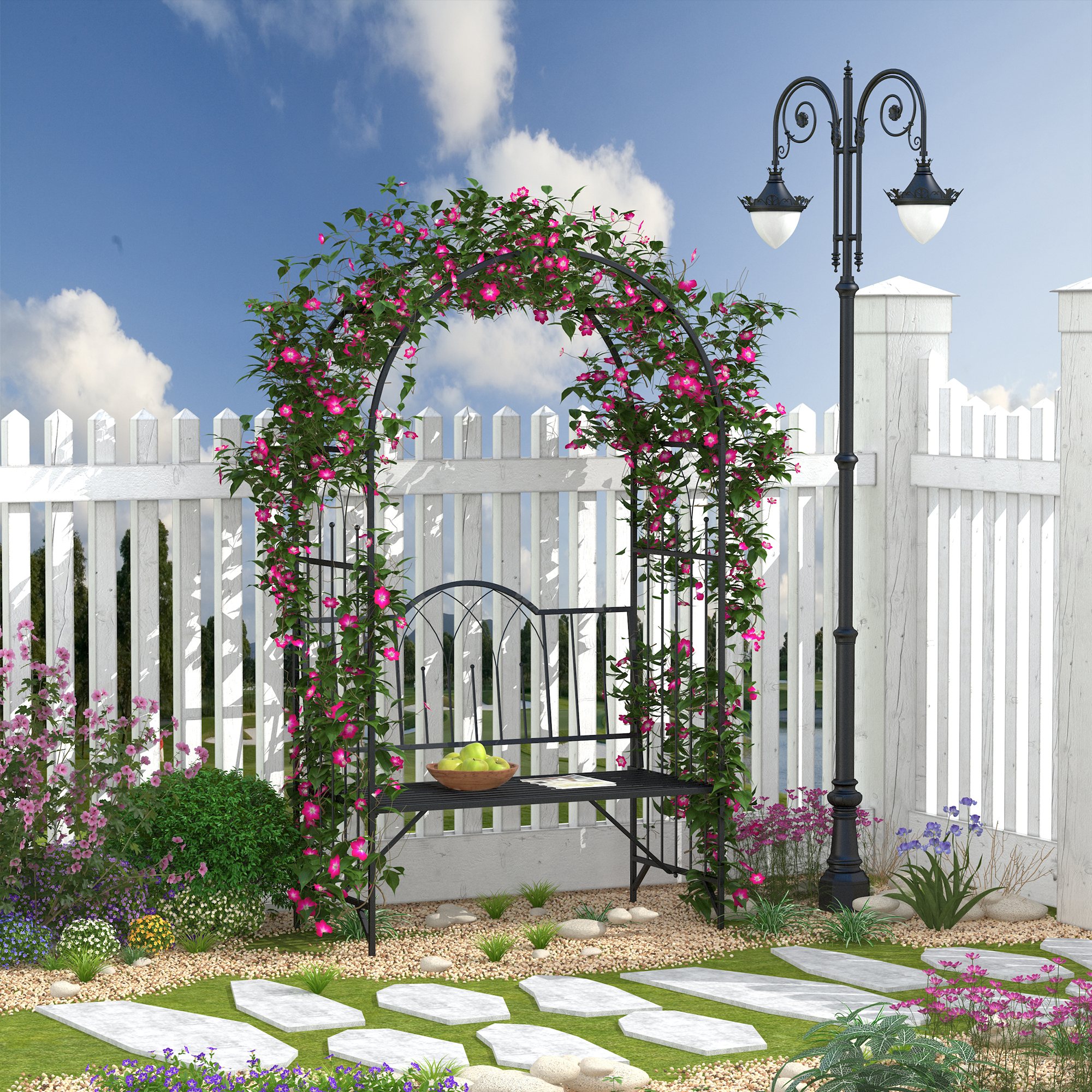Metal Trellis Arbor Arch for Climbing Plants with Garden Bench, Grow Grapes & Vines, Patio Decor & 2-Person Outdoor Interlacing Decorative Seating with Tips, 484 lbs. Weight Capacity, Black