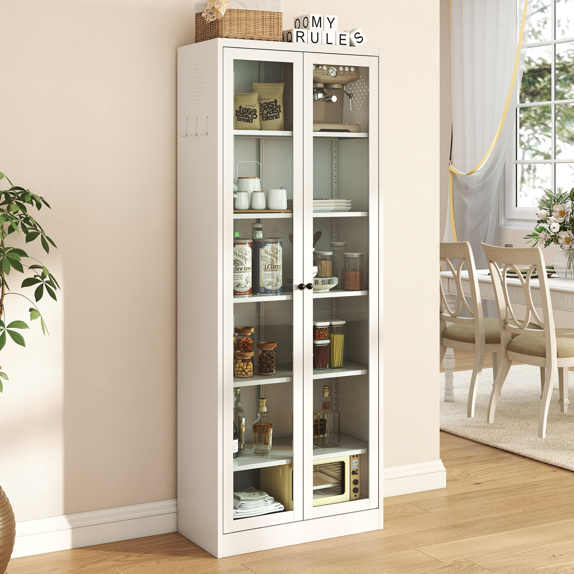 Metal Kitchen Pantry Cabinet - 72  Tall Storage With 5 Adjustable Shelves, White Freestanding Cabinet For Kitchen Pantry Bathroom