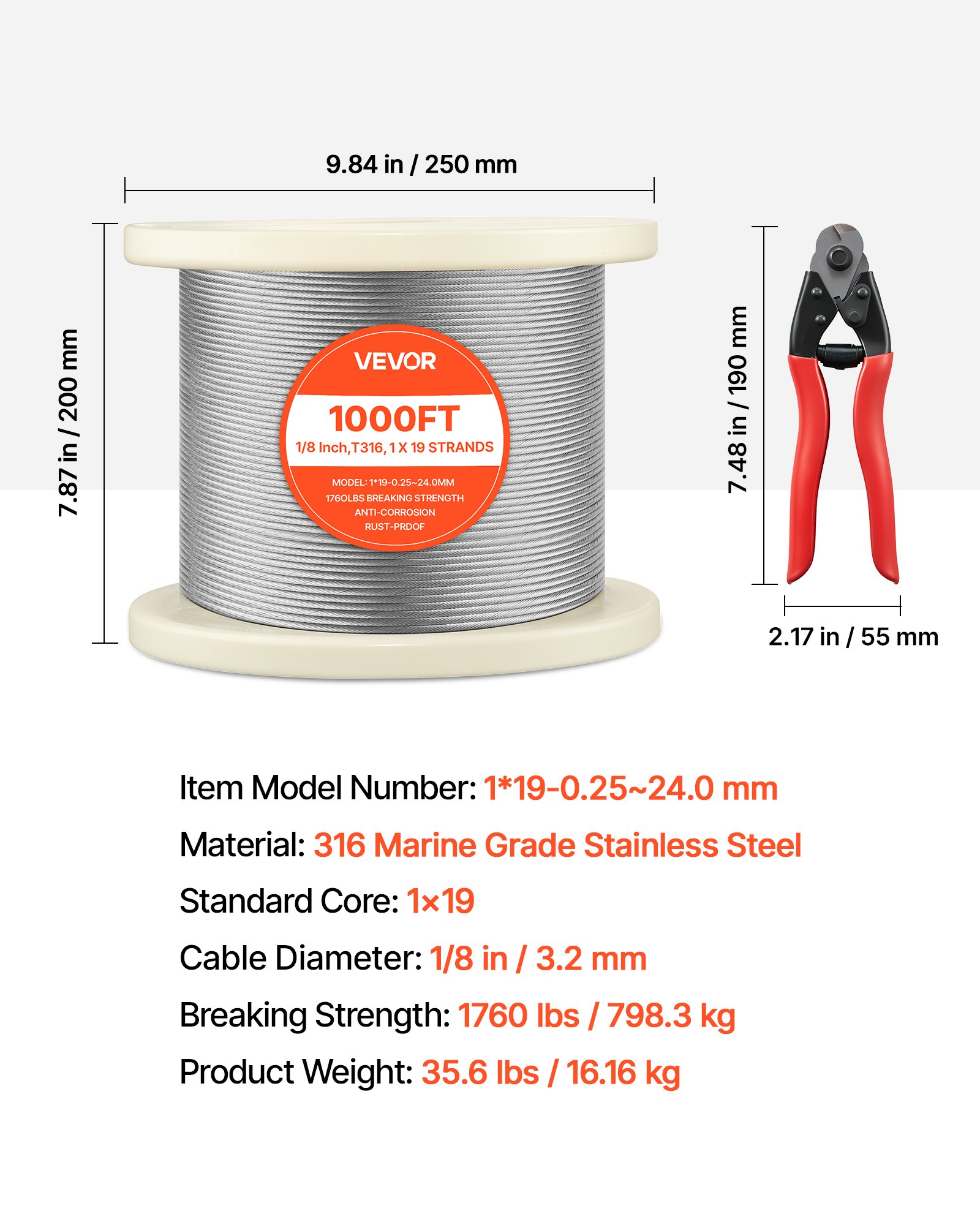 Cable de acero inoxidable 316 de 3.17 mm, 305 metros, 798 kg, con cortador.