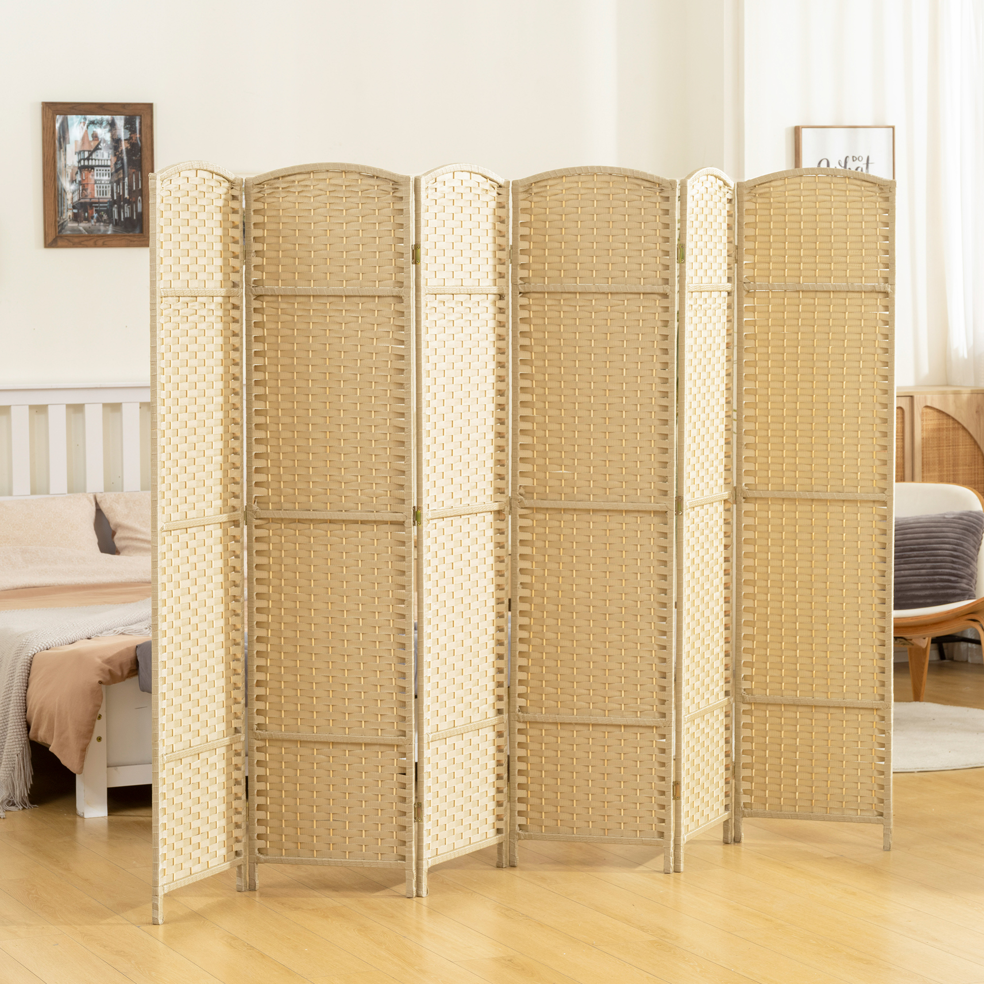 Folding Room Divider Screen 6 Panel 5.6 Tall Privacy Screen Freestanding Room Partition for Home Office, Beige