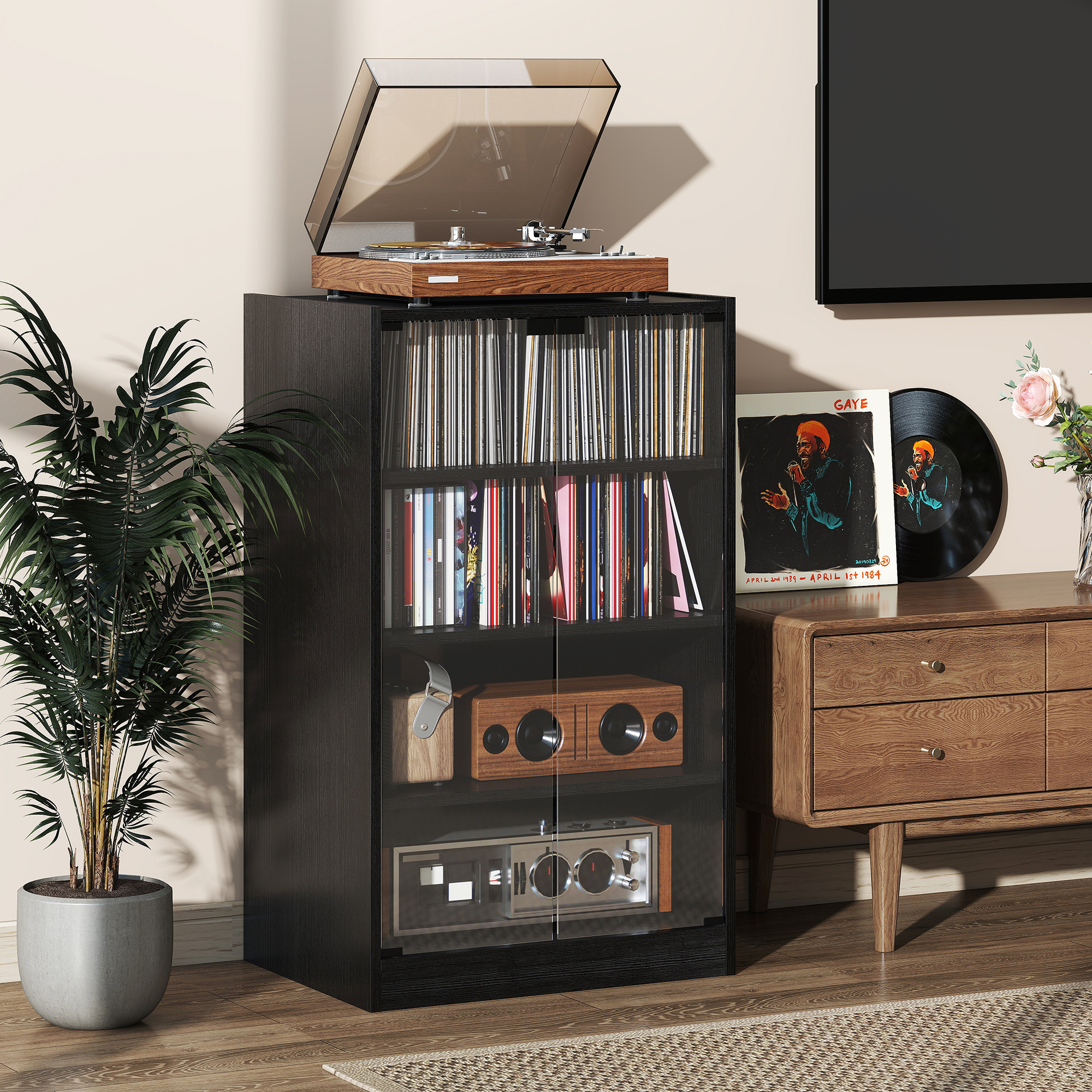 Media Cabinet, 4-Tier Stereo Cabinet for Vinyl Record Player, Gaming Console, AV Record Player Stand with Adjustable Shelves, Push-to-Open Glass Doors and Cable Management, Distressed Black