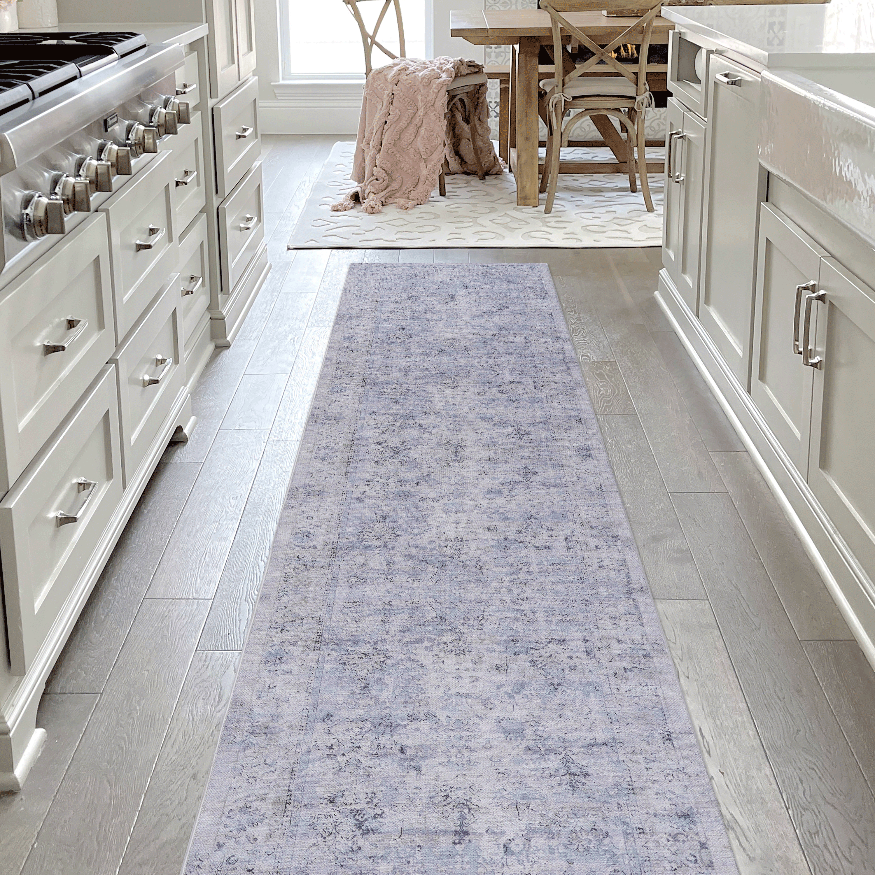 MAVAL Blue Washable Rug 2'6'' X 10' Runner Rug  Blue Cream, 2'6'' X 10'