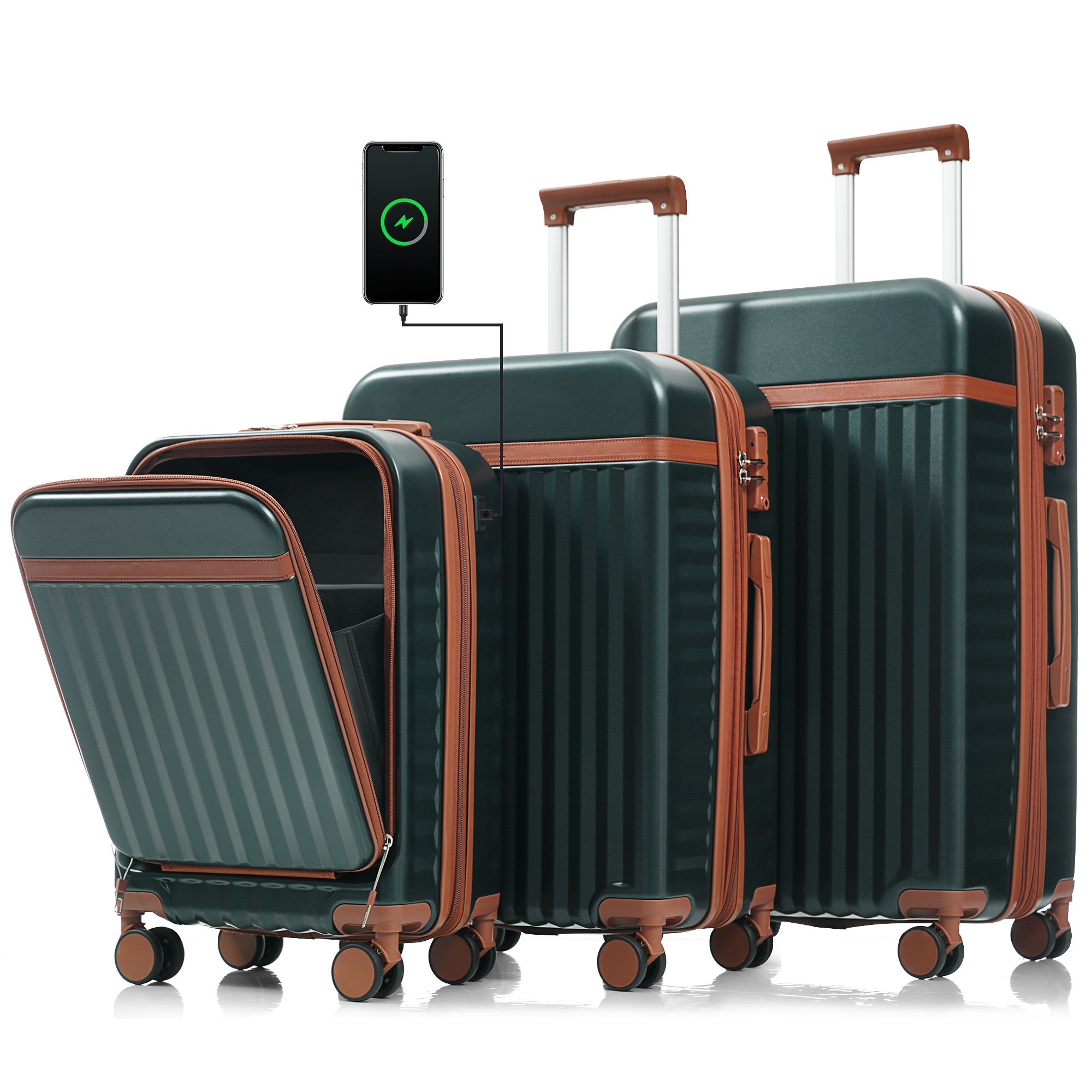 Set de 3 maletas de 20 pulgadas con puerto USB, carcasa rígida ABS y ruedas giratorias