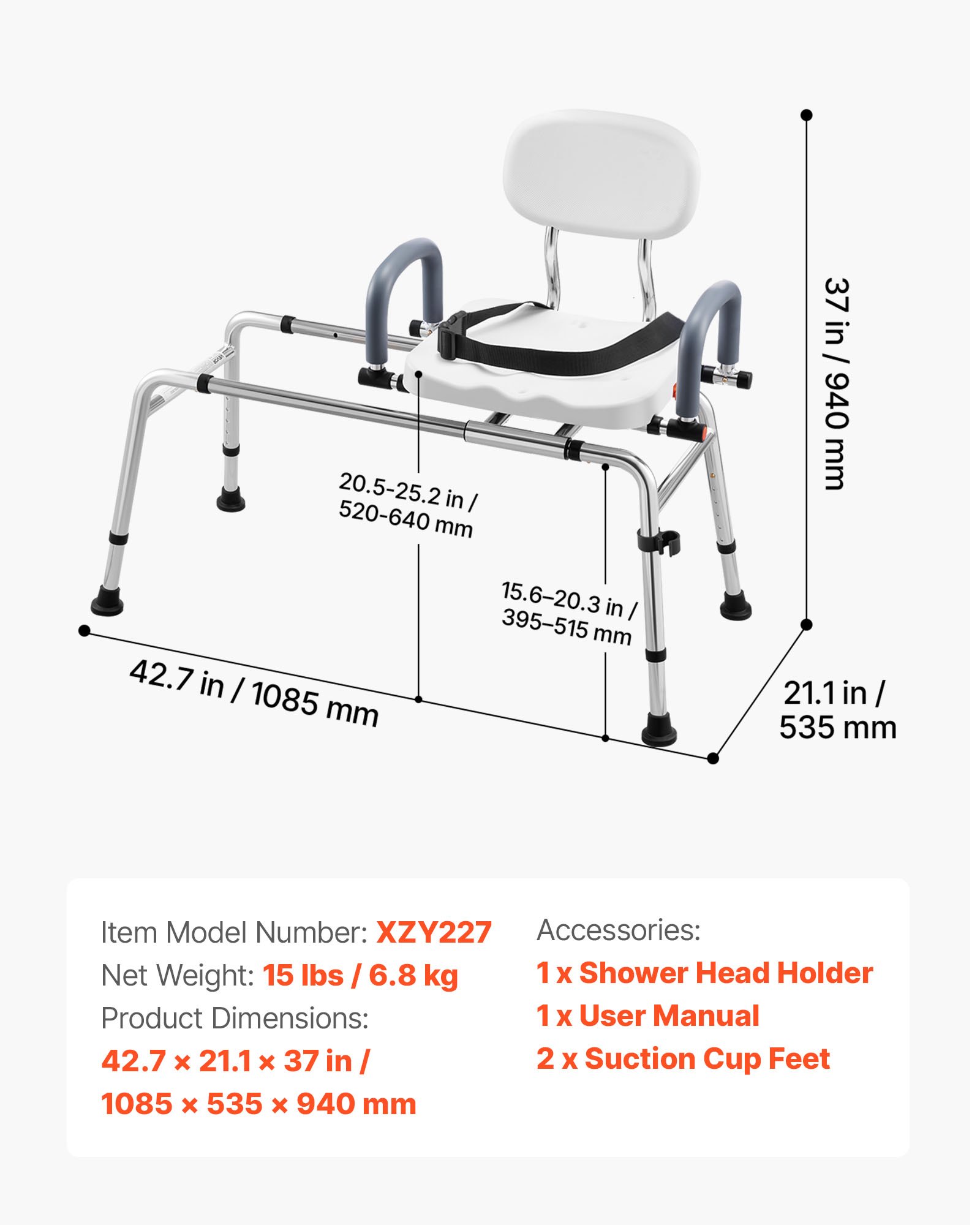 Sliding Shower Chair, 400 Lbs Tub Transfer Bench For Bathtub With Swivel Seat, Shower Bench With Pivoting Arms And Backrest, Height & Width Adjustable For Handicap, Seniors, Elderly And Disabled