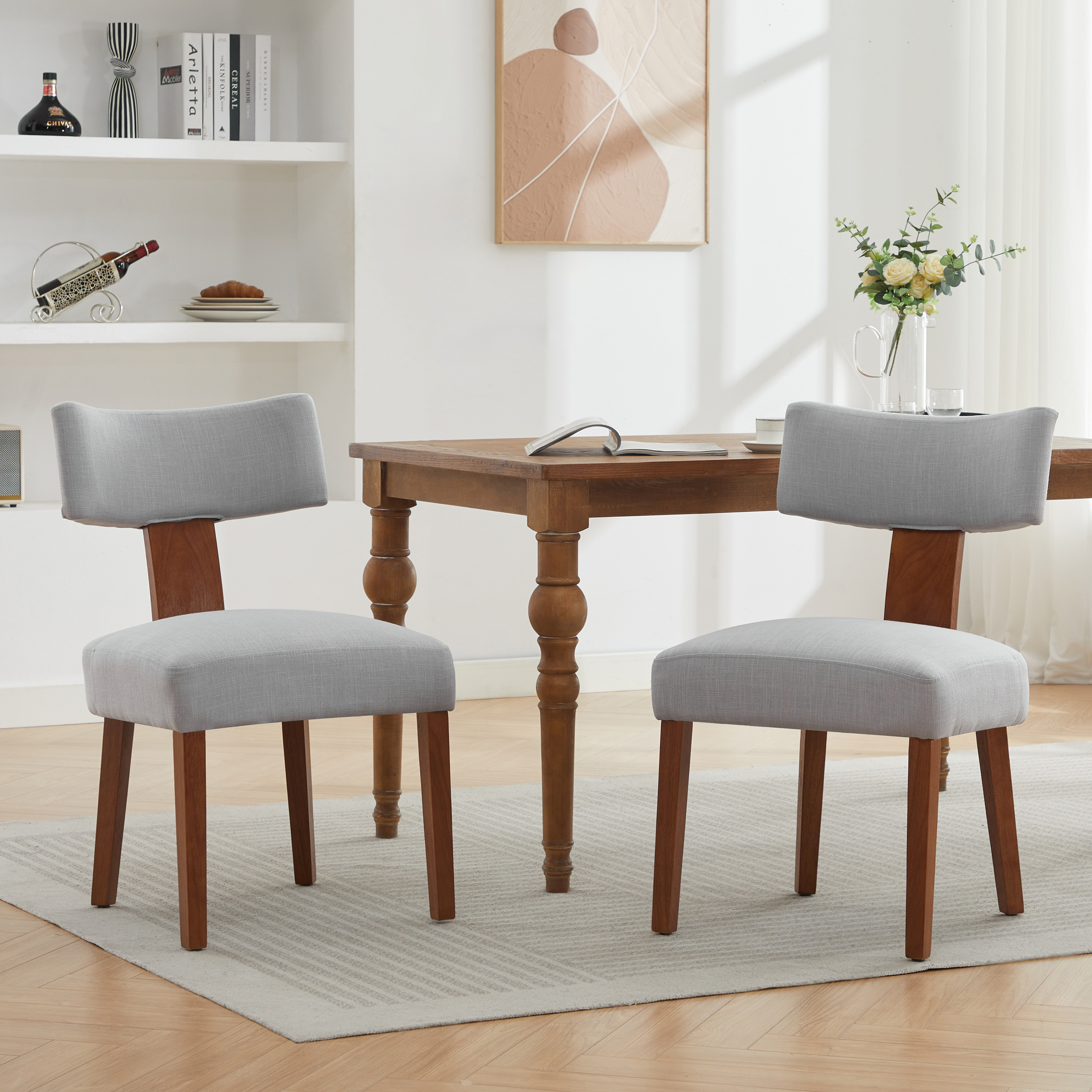 Juego de 2 sillas de comedor 064 de lino, sin brazos, respaldo curvo y patas de madera