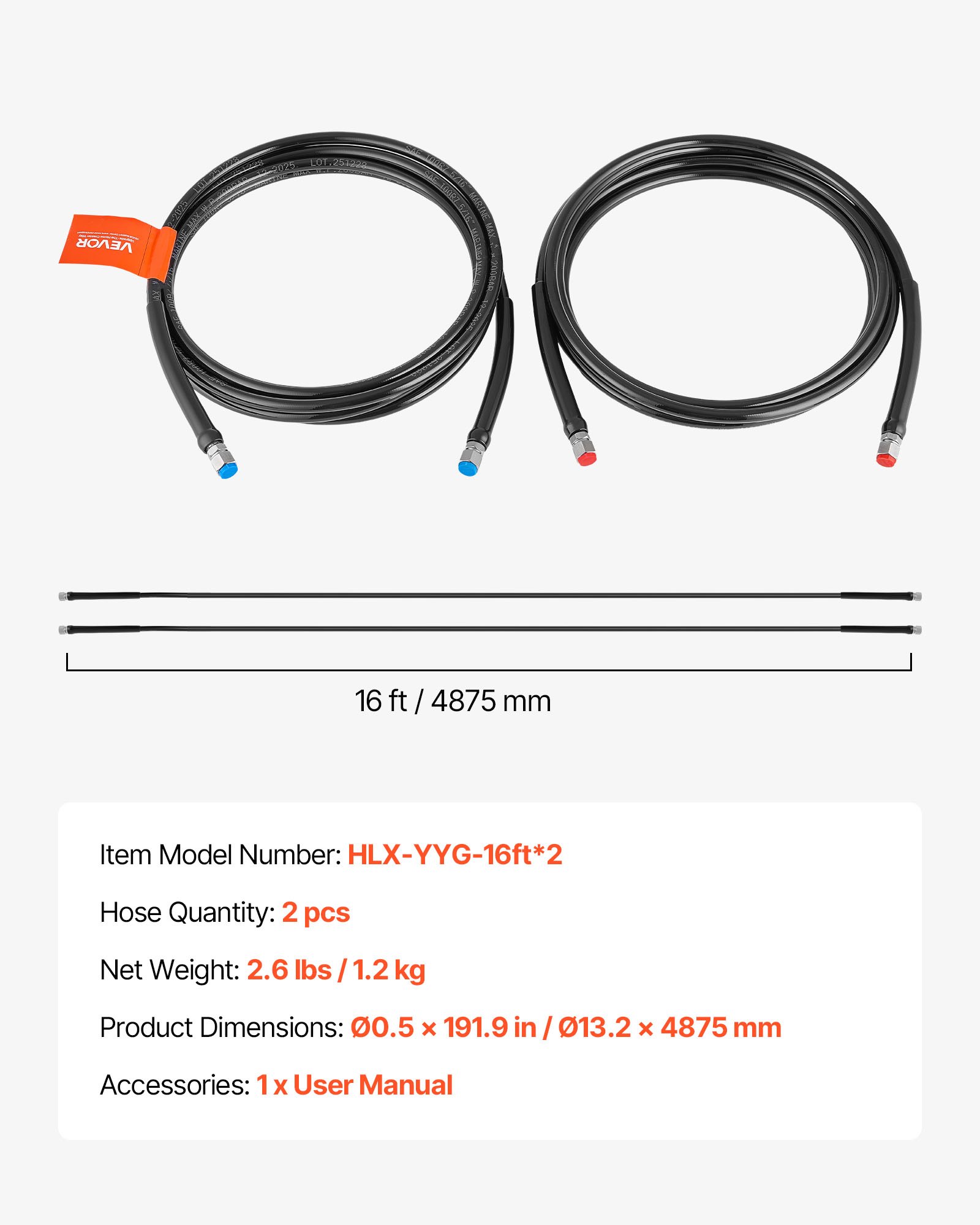Kit de manguera hidráulica de 16 pies, 2 piezas, acero inoxidable 304, para dirección marina