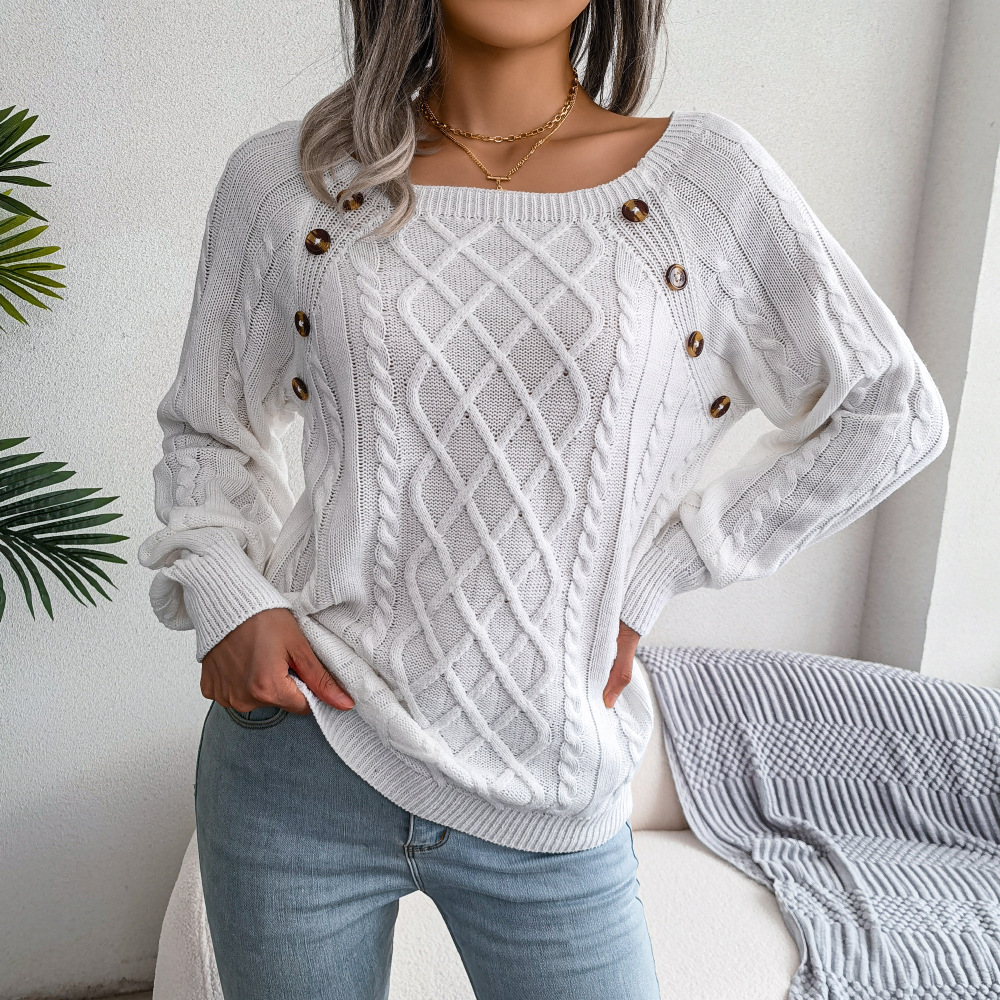 Suéter casual pullover de punto trenzado con cuello cuadrado y botones.