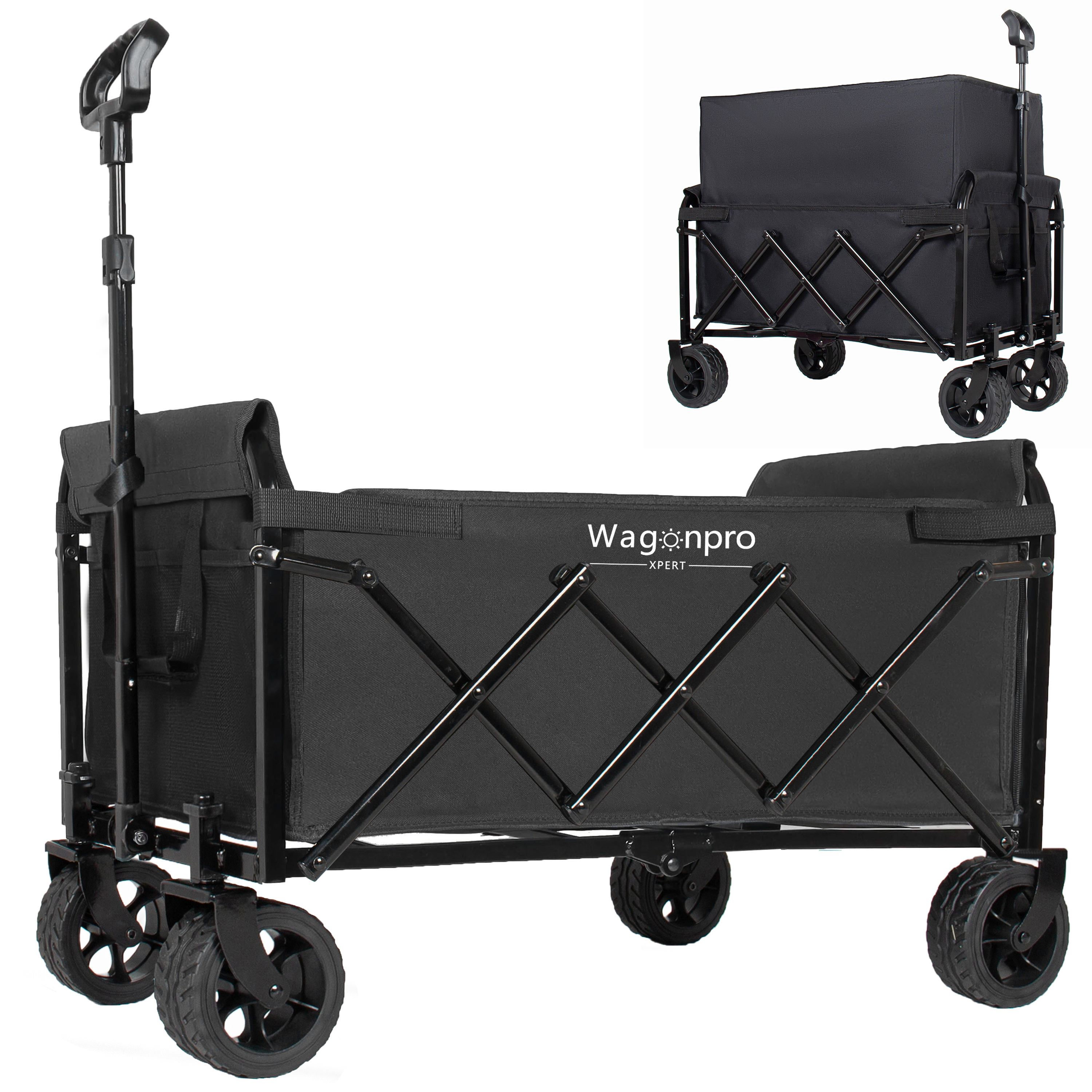 Upgraded 5x2  Wide Wheels- Expandable Dual- Layer Utility Wagon With   Extra Space  220lbs Capacity Grocery Cart For Camping  Shopping  Sports  Gardening  Fishing  Black