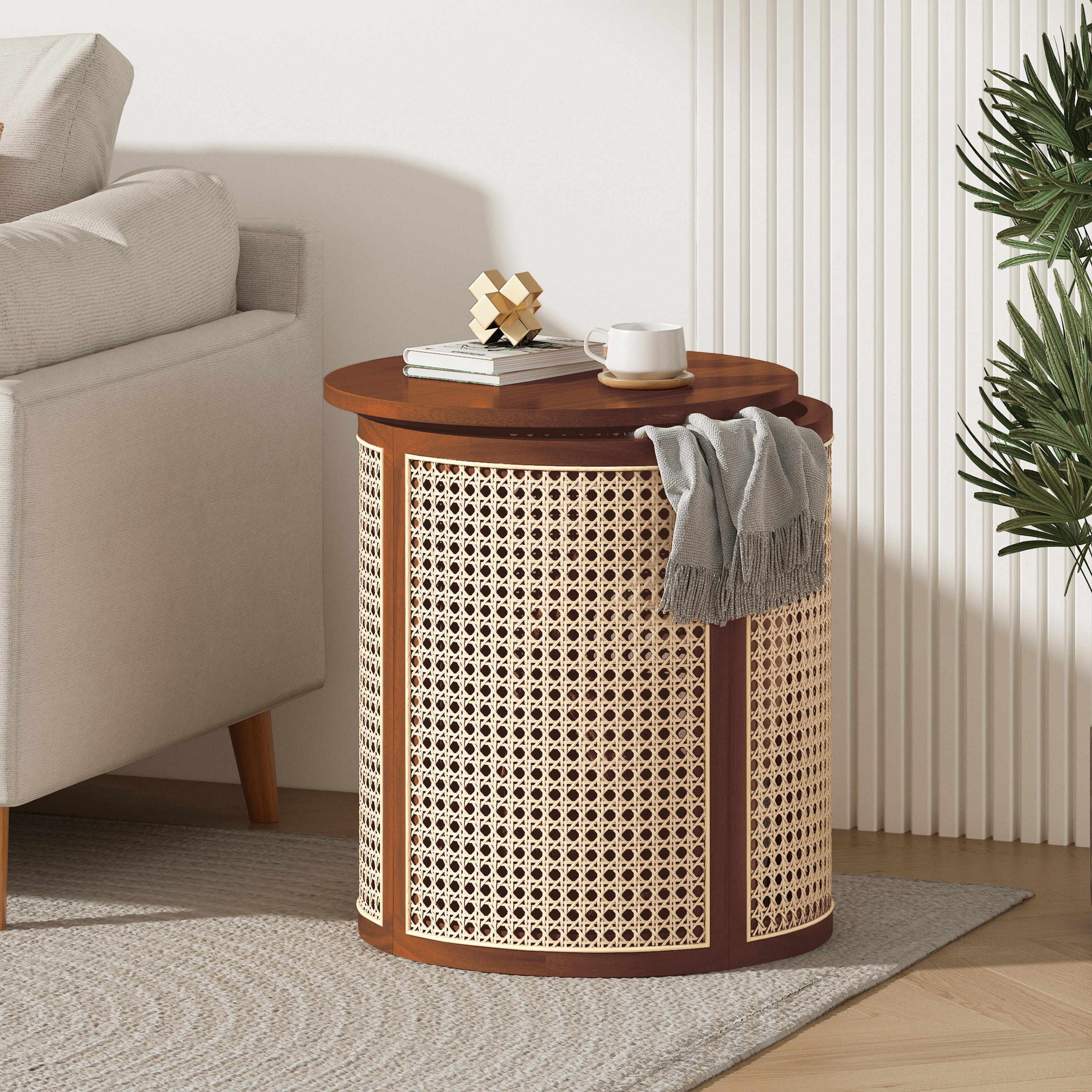 Mesa auxiliar redonda de 15.70, tejida de ratán, de madera, marrón oscuro