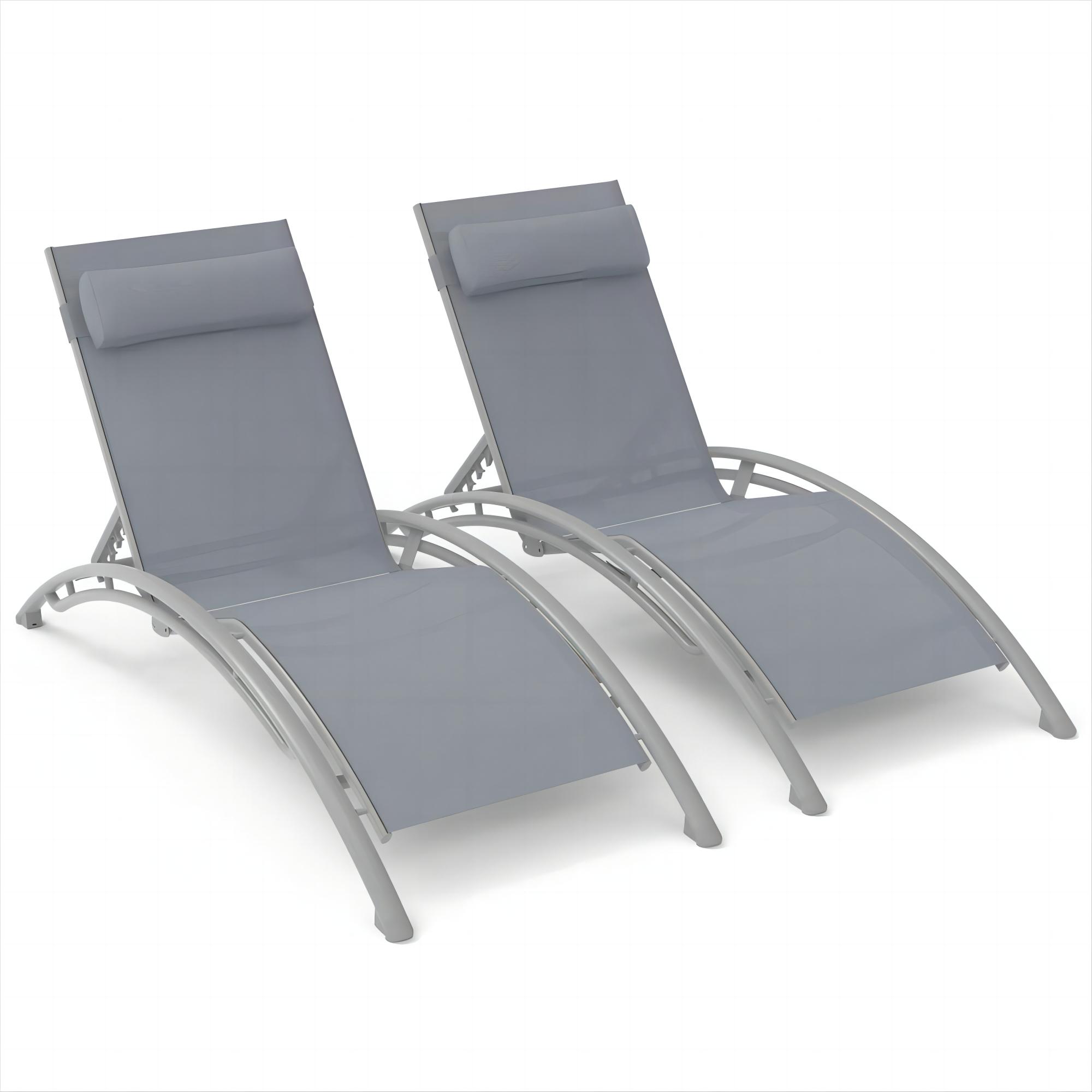 Outdoor Chaise Lounge Set Of 2 Patio Recliner Chairs With Adjustable Backrest And Removable Pillow For Indoor&Outdoor Beach Pool Sunbathing Lawn  Gray, 2 Lounge  Chairs