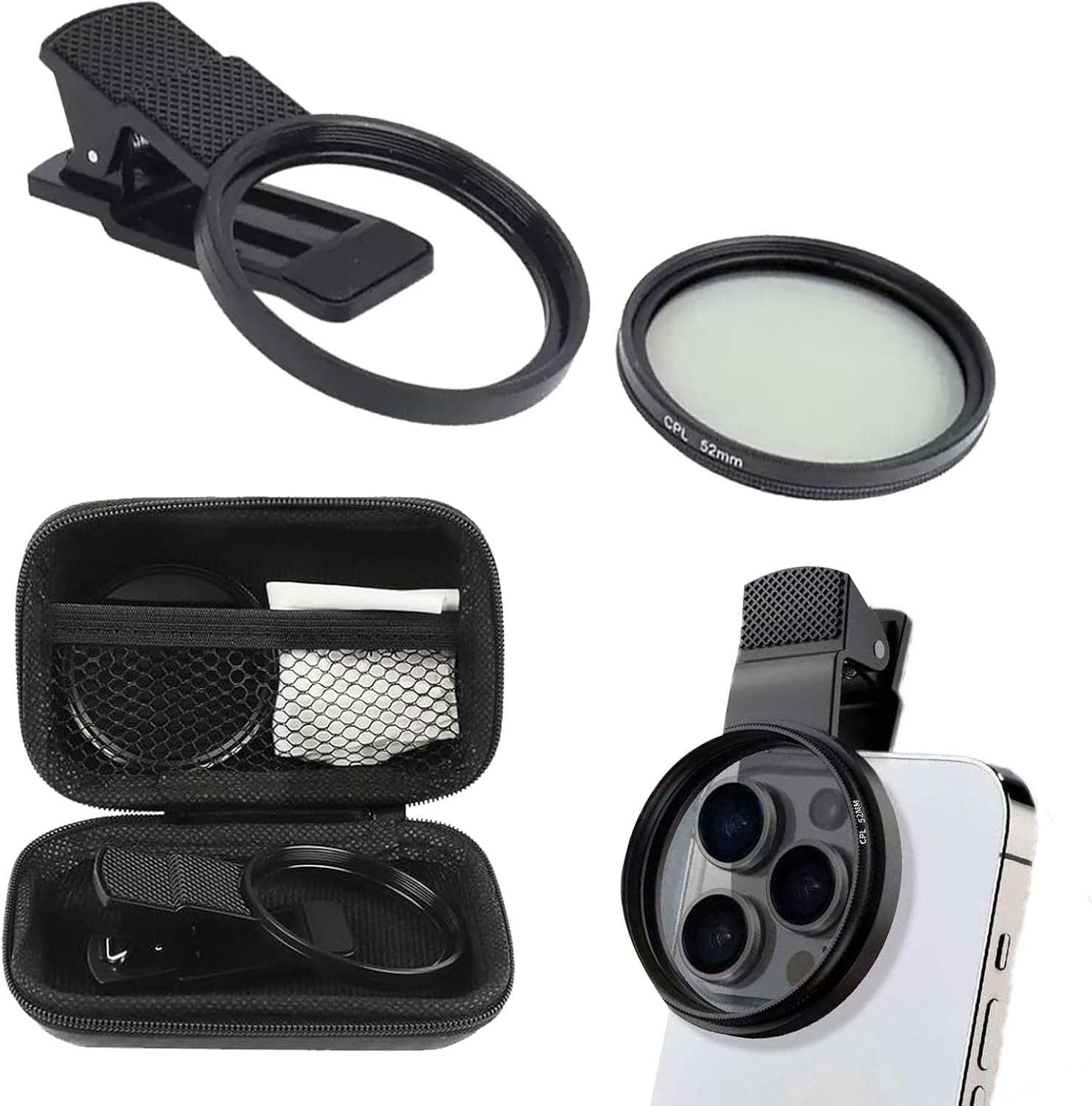 52mm Professional Phone Camera Clip With Macro Lens CPL Star Variable ND Filter For All Smartphones Aluminum Alloy Thread - With CPL Filter,Round Hole